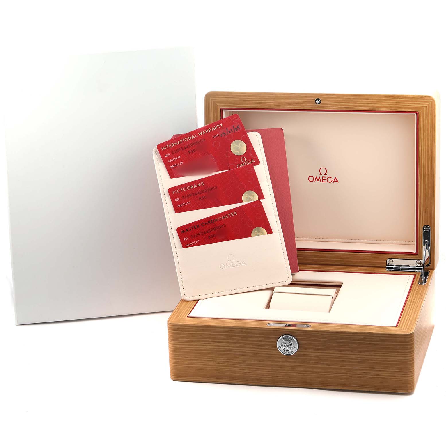 The image shows Omega Seamaster 210.92.44.20.01.003 Men's Ceramic Black Dial accessories, including a watch box and cards, viewed from the front.