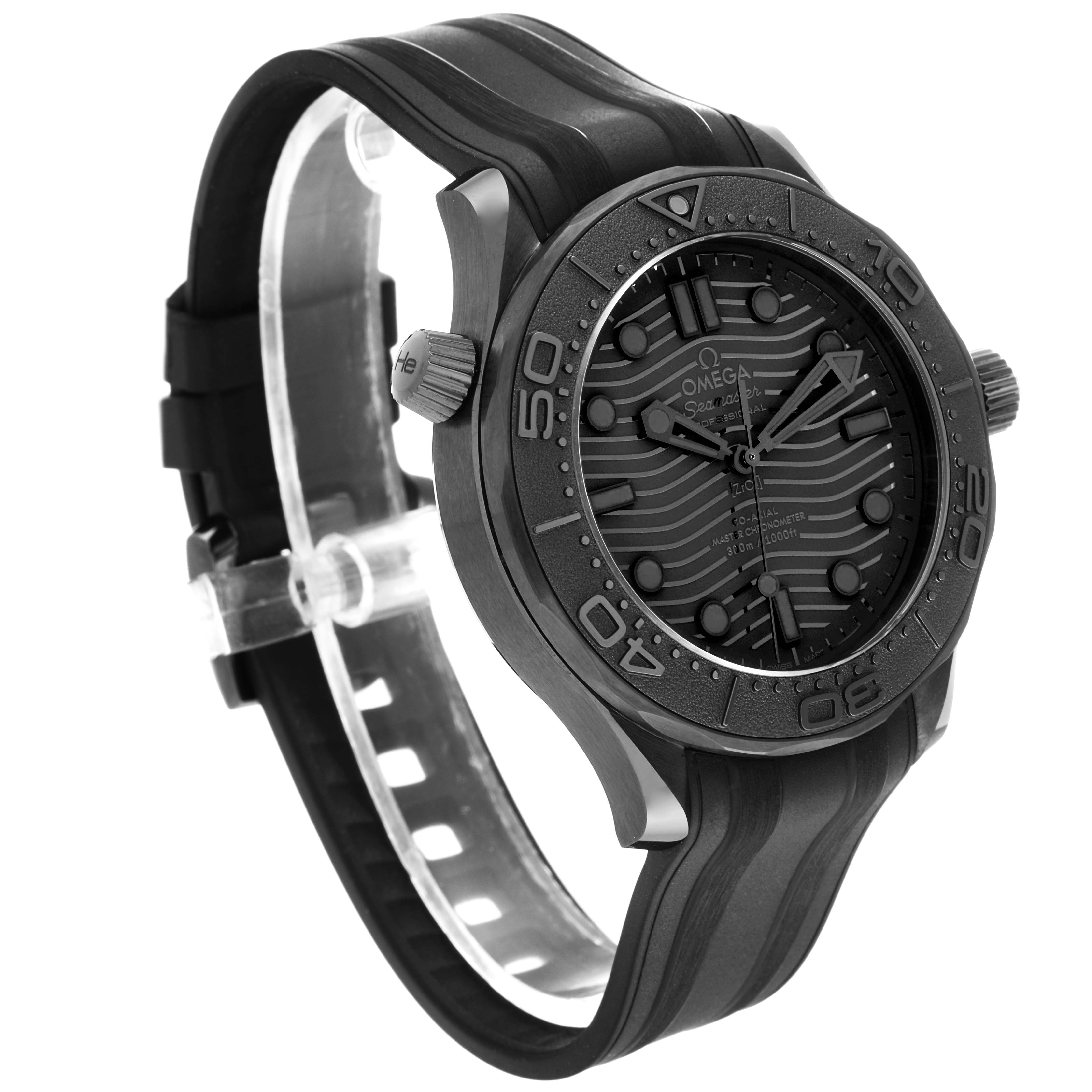 The Omega Seamaster 210.92.44.20.01.003 Men's Ceramic Black Dial watch is shown at a three-quarter angle, highlighting the bezel, crown, dial, and strap.