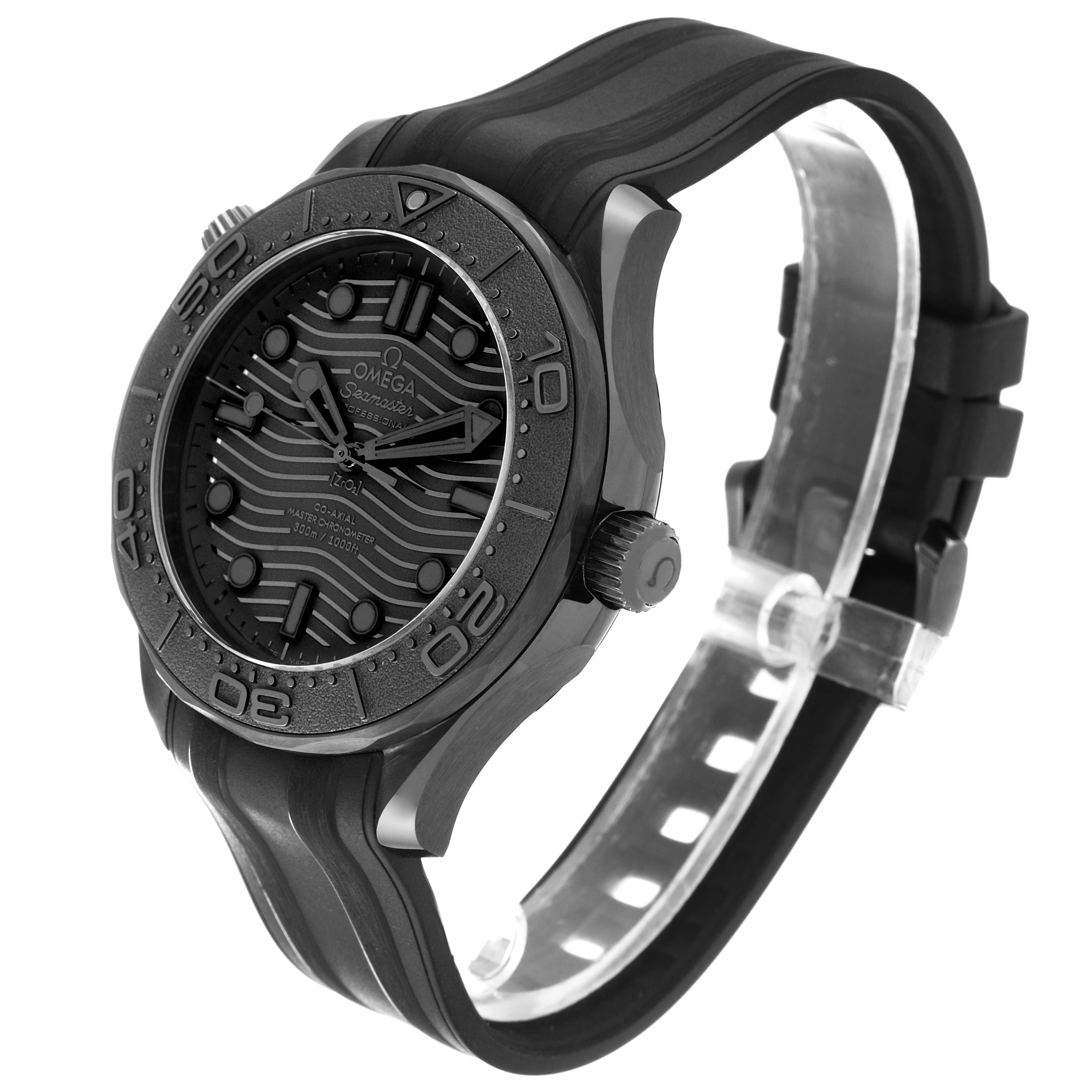 The Omega Seamaster 210.92.44.20.01.003 Men's Ceramic Black Dial watch is shown at a three-quarter angle, highlighting the face, bezel, crown, and strap.