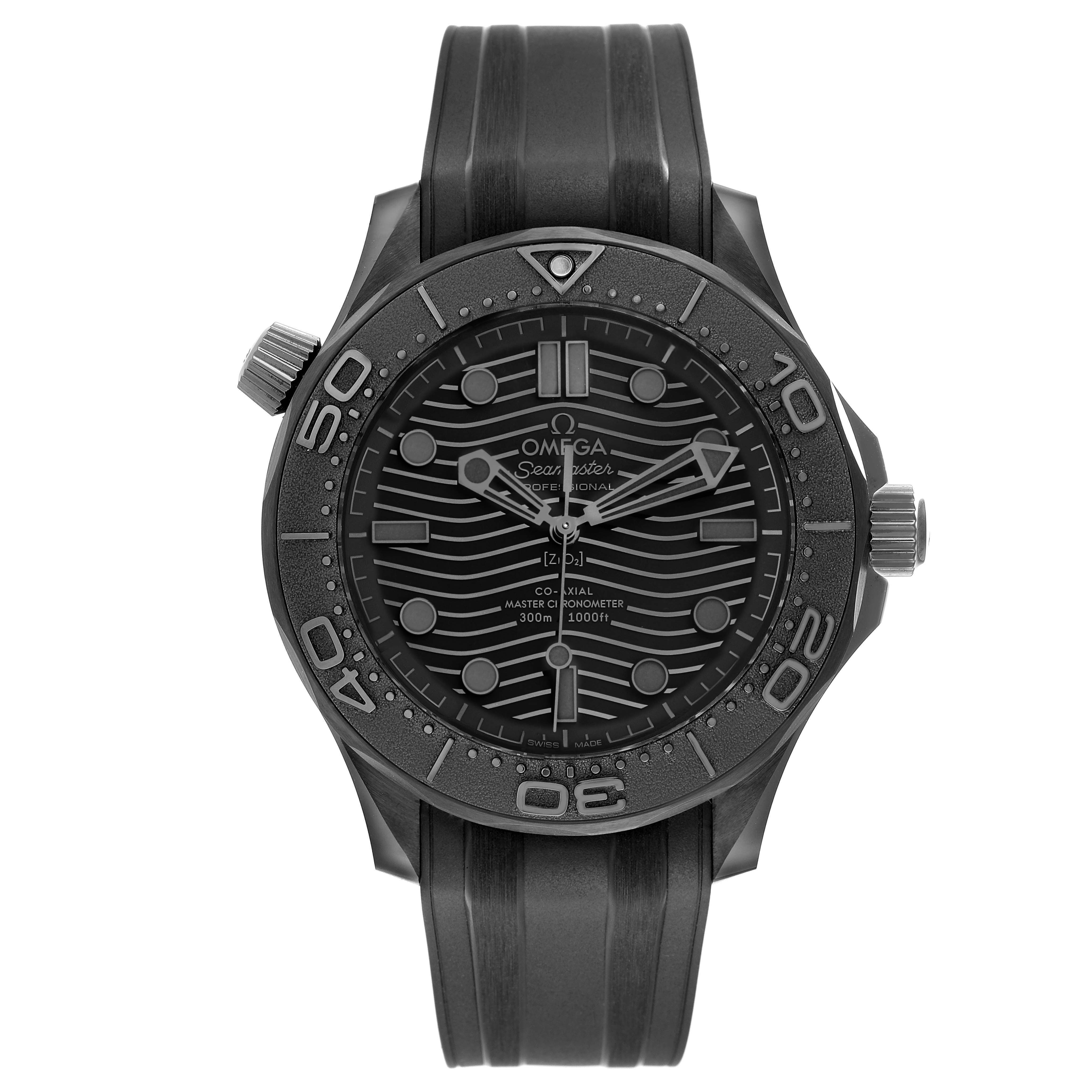 The Omega Seamaster 210.92.44.20.01.003 Men's Ceramic Black Dial watch is shown from a front angle, highlighting its black dial, bezel, and rubber strap.