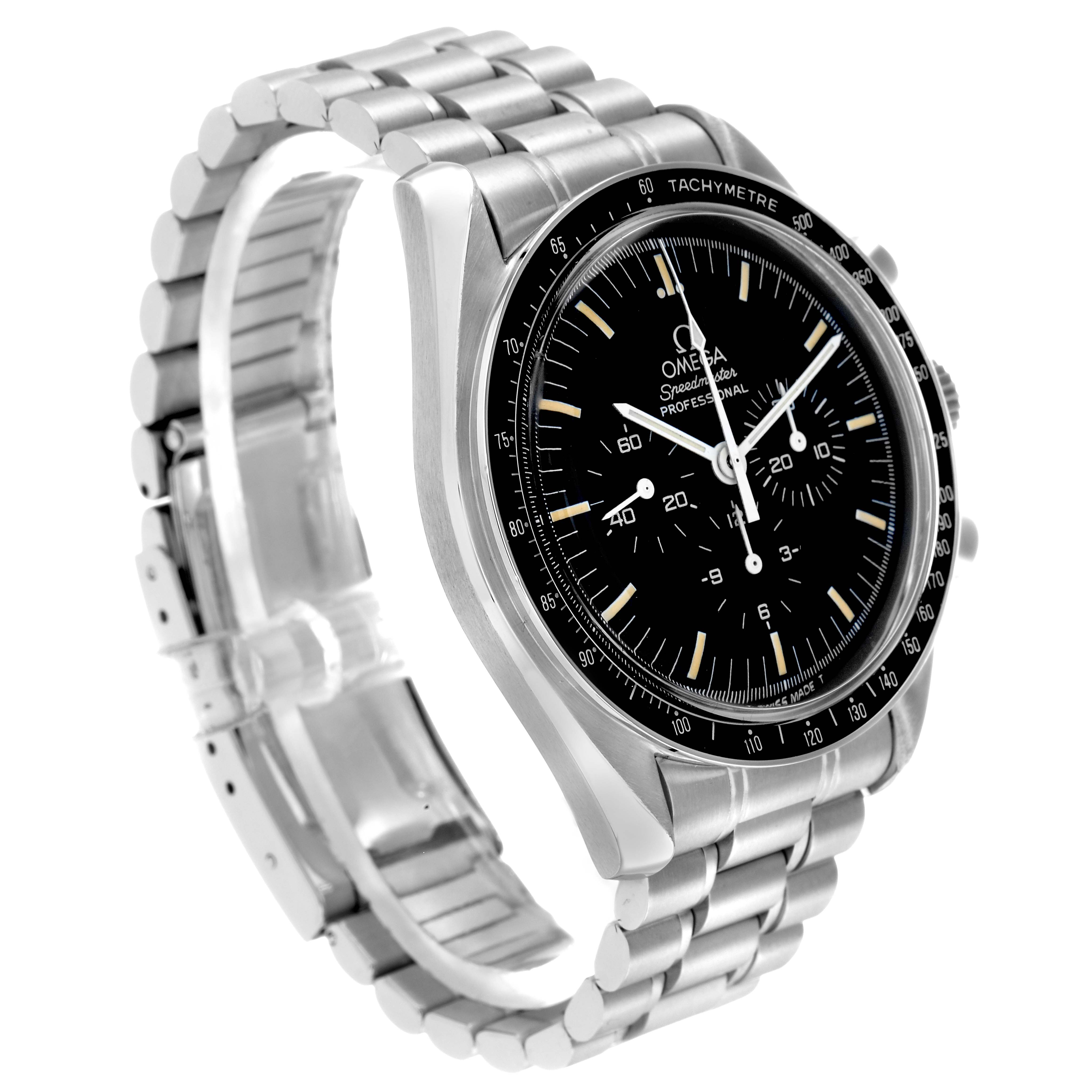 The Omega Speedmaster 3590.50.00 Men's Stainless Steel Black Dial is shown at a three-quarter angle, displaying the watch face, bezel, and steel bracelet.