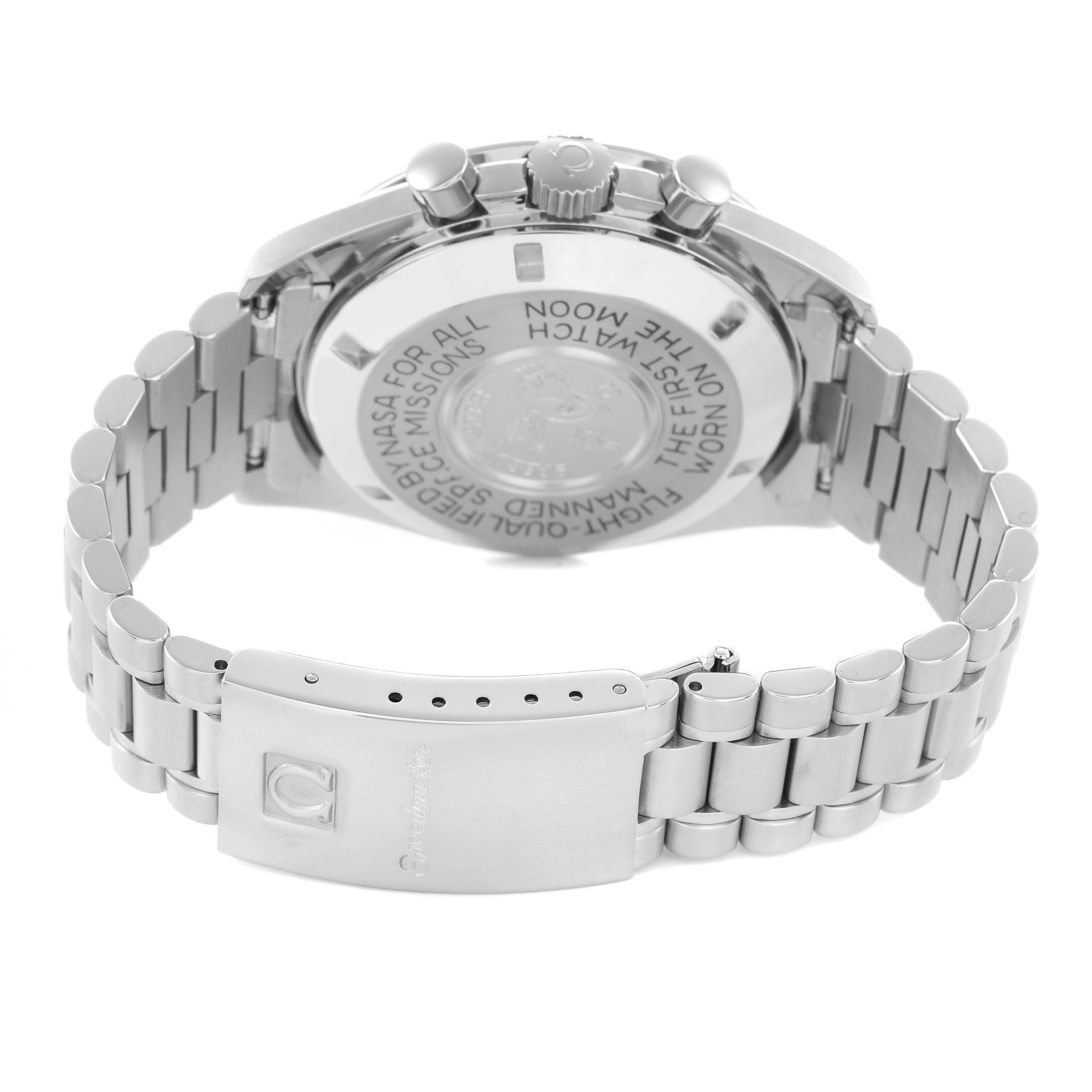 The image shows the back and clasp of an Omega Speedmaster 3590.50.00 Men's Stainless Steel Black Dial, highlighting the case back and metal bracelet.