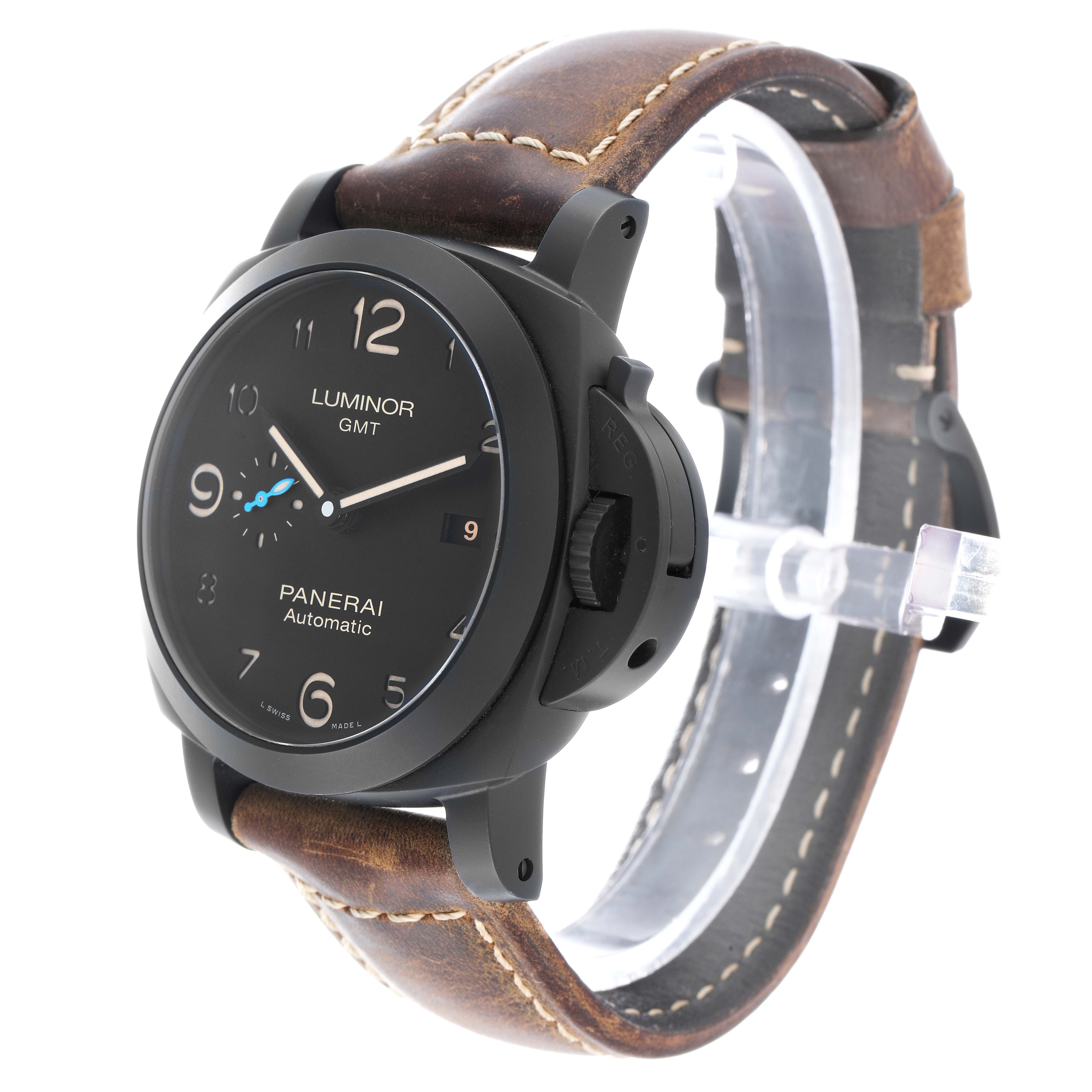 The Panerai Luminor PAM01441 Men's Ceramic Black Dial watch is shown at an angled front view, highlighting the dial, crown guard, and leather strap.