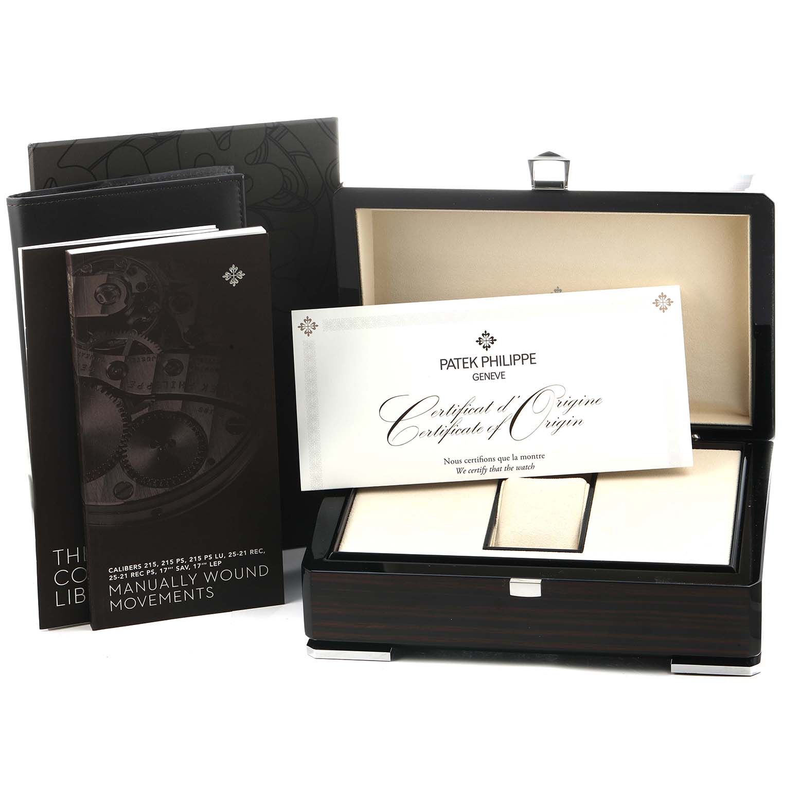 The image shows the packaging and documentation for a Patek Philippe Calatrava 5119G Men's White Gold White Dial watch, including a certificate and manuals.