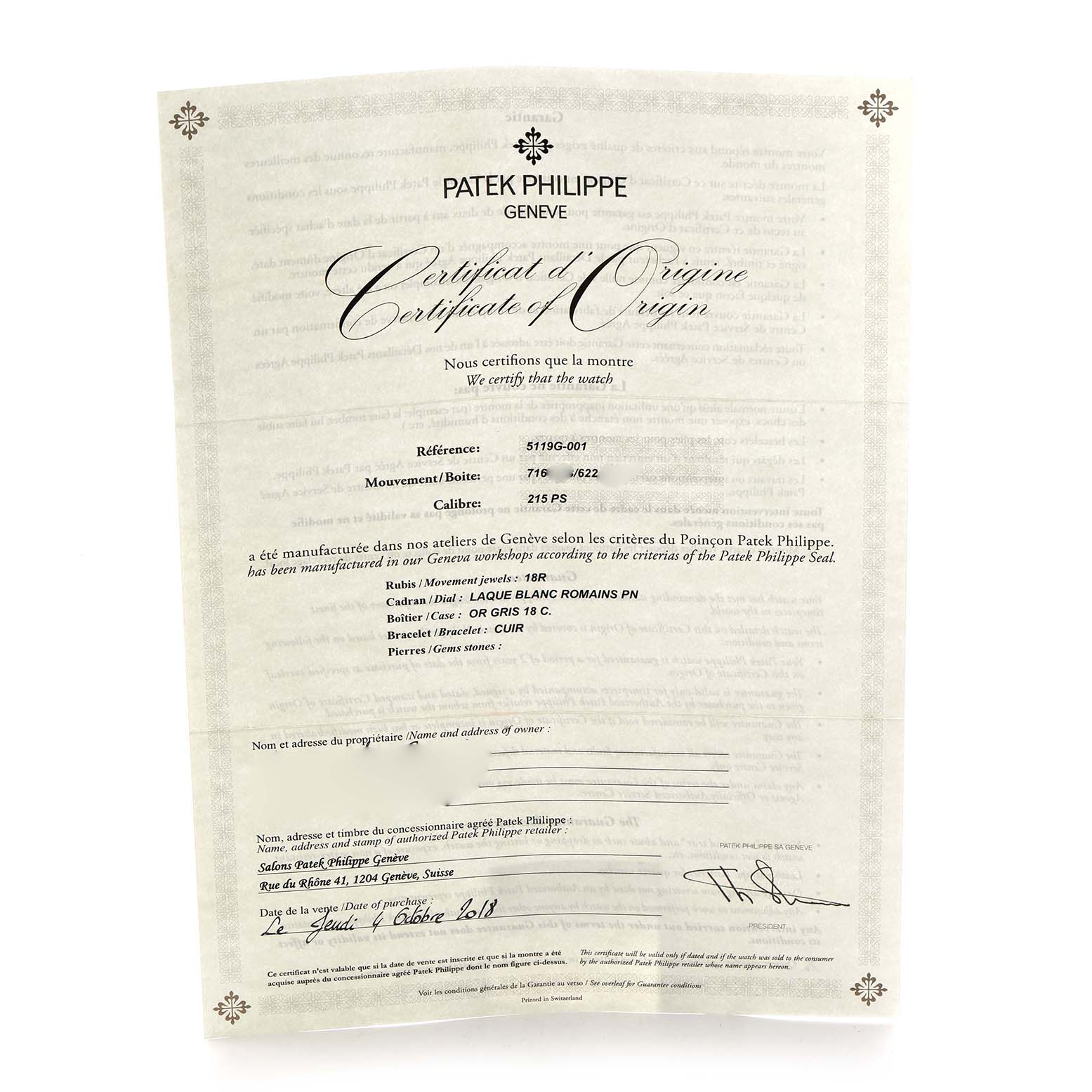 The image shows a "Certificate of Origin" for a Patek Philippe Calatrava 5119G Men's White Gold White Dial watch, with reference and movement details.