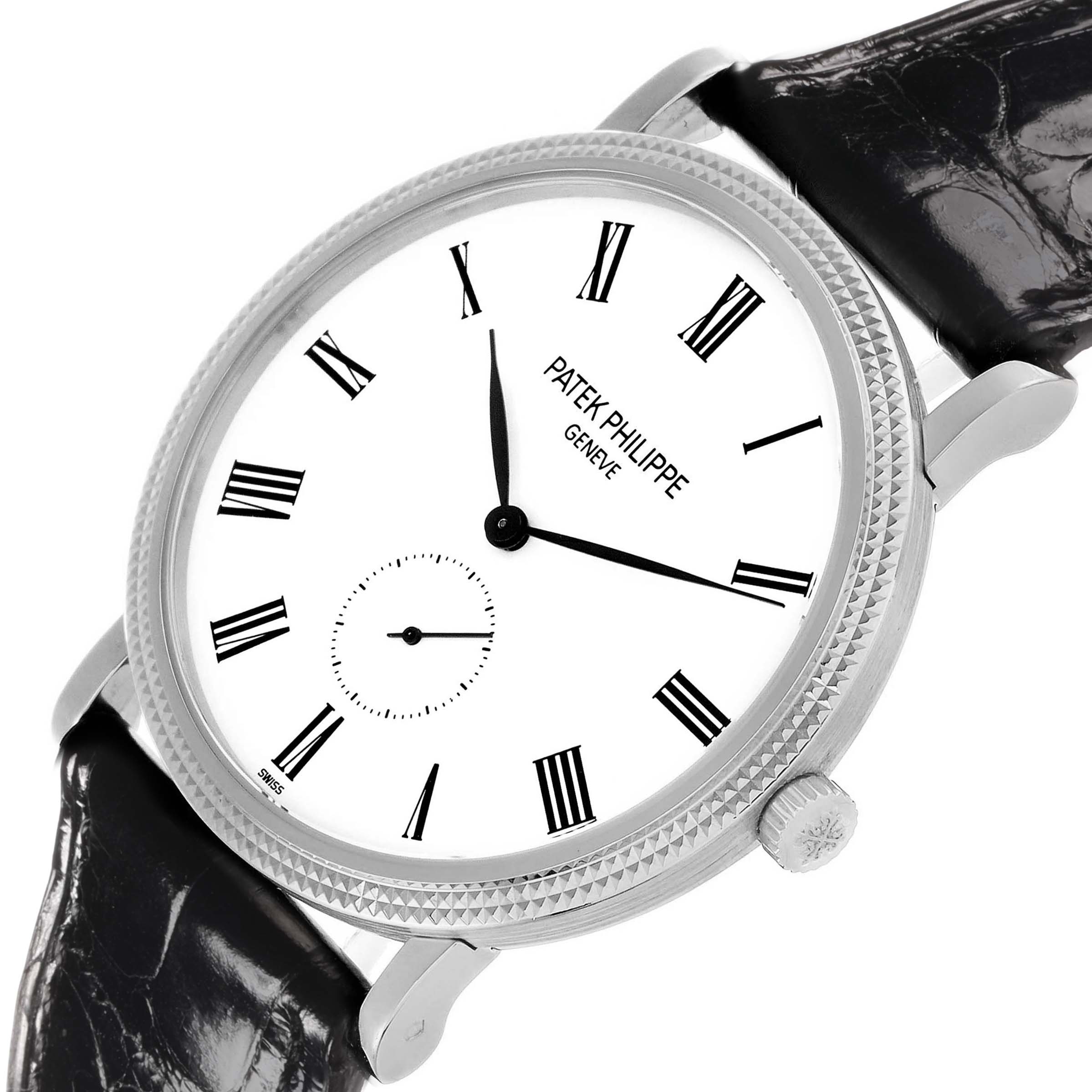 The Patek Philippe Calatrava 5119G Men's White Gold White Dial watch is shown from a front angle, displaying the face, crown, and part of the leather strap.