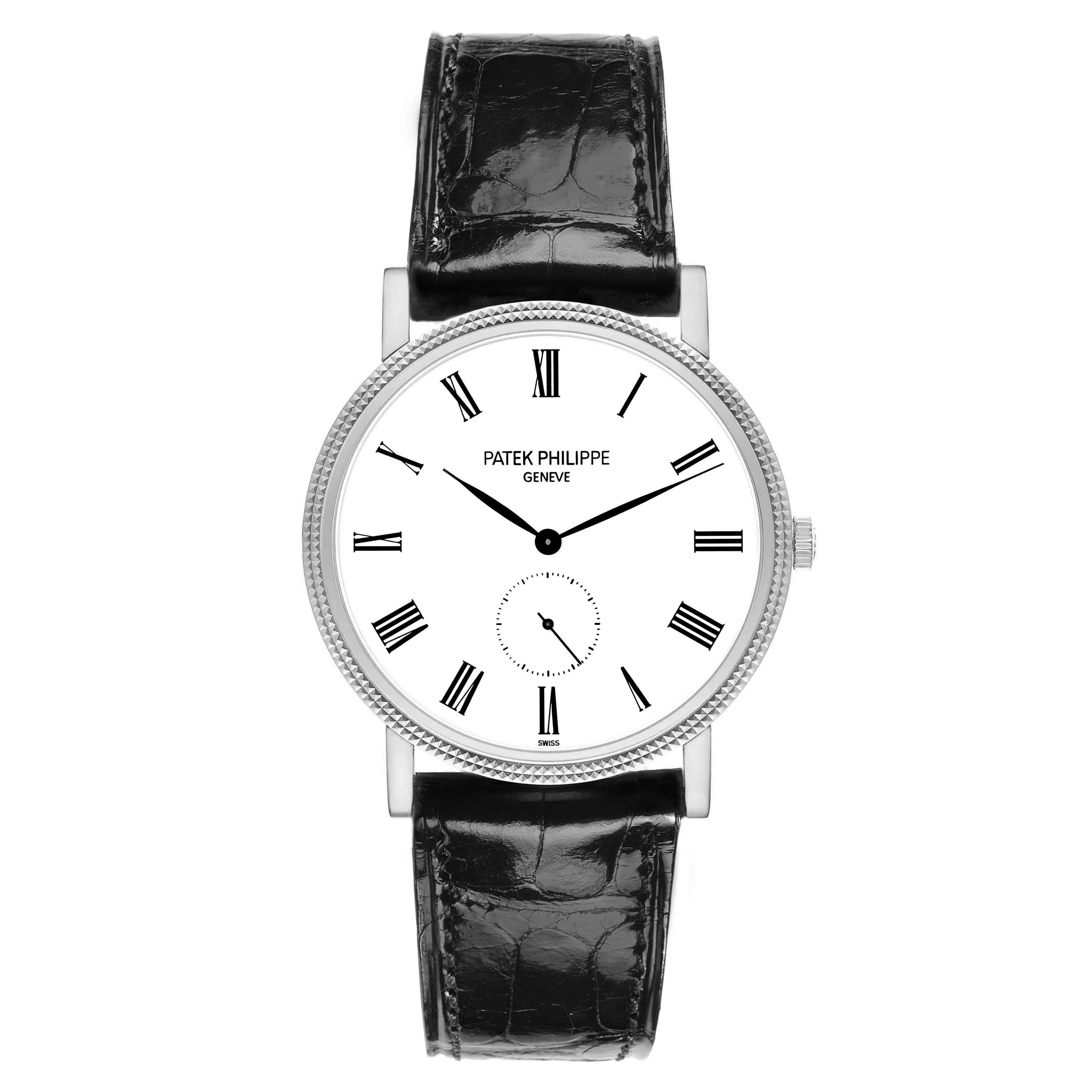 The Patek Philippe Calatrava 5119G Men's White Gold White Dial is shown from a direct front angle, featuring its dial, Roman numerals, and leather strap.
