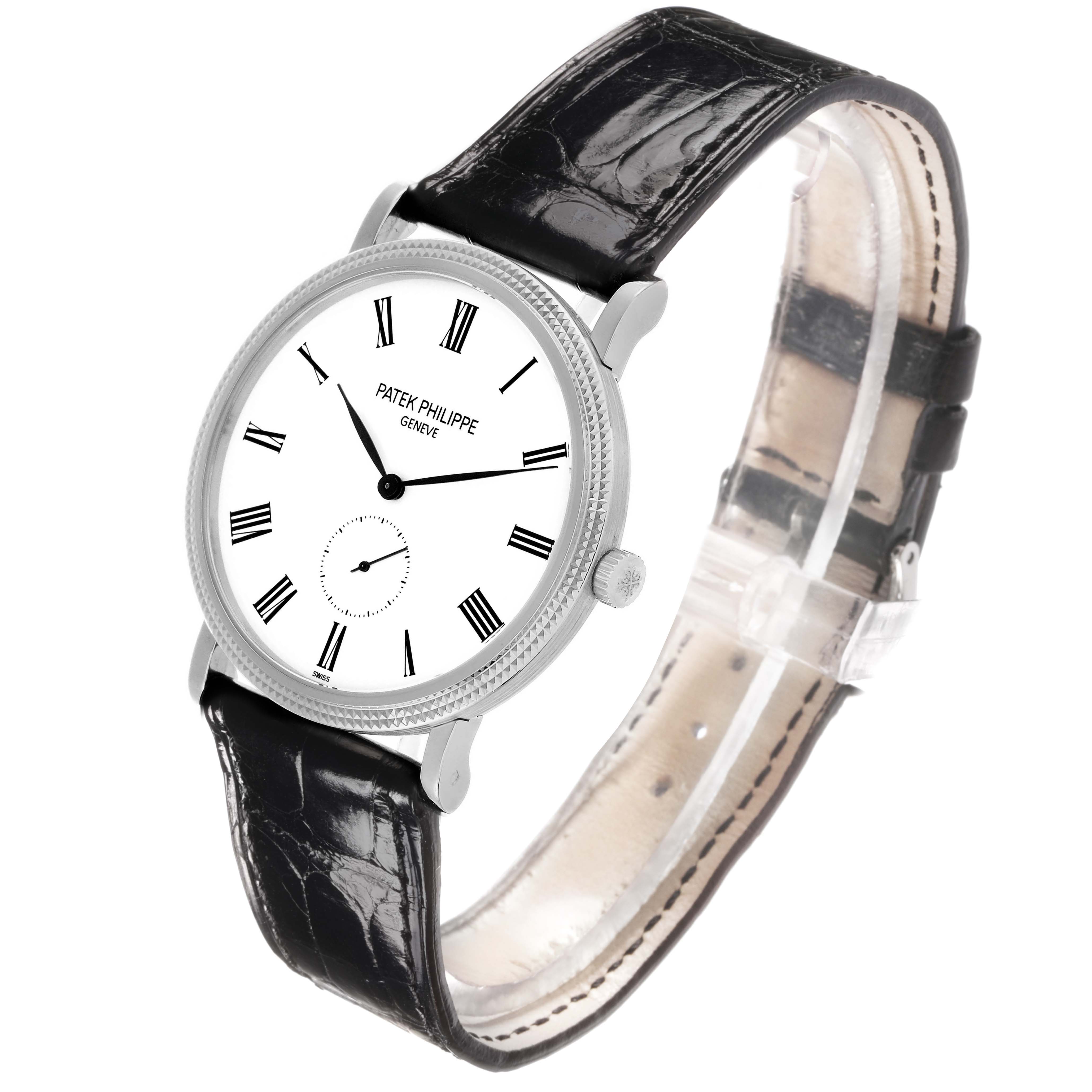 The Patek Philippe Calatrava 5119G Men's White Gold White Dial watch is shown at an angled side view, displaying the face, leather strap, and crown.