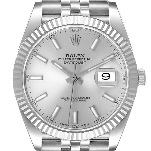 The image shows a front view of the Rolex Datejust 41 126334 Men's Stainless Steel Silver Dial 126334 Men's Stainless Steel Silver Dial watch, highlighting the dial, hands, date window, and fluted bezel.