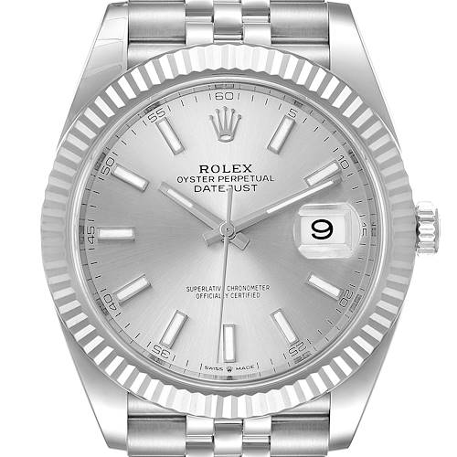 This image shows a Rolex Datejust 41 126334 Men's Stainless Steel Silver Dial 126334 Men's Stainless Steel Silver Dial watch face and bezel, with a clear display of the jubilee bracelet and date window.