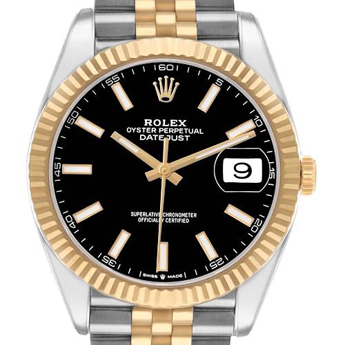 The Rolex Datejust 41 126333 Men's Steel and Gold (two tone) Black Dial watch is shown from the front, highlighting its black dial, fluted bezel, and two-tone bracelet with a date window.