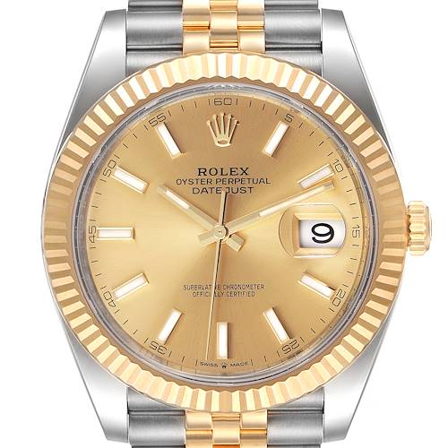 This image shows a front view of a Rolex Datejust 41 126333 Men's Steel and Gold (two tone) Champagne Dial 126333 Men's Steel and Gold (two tone) Champagne Dial watch, highlighting its dial, hands, bezel, bracelet, and date window.