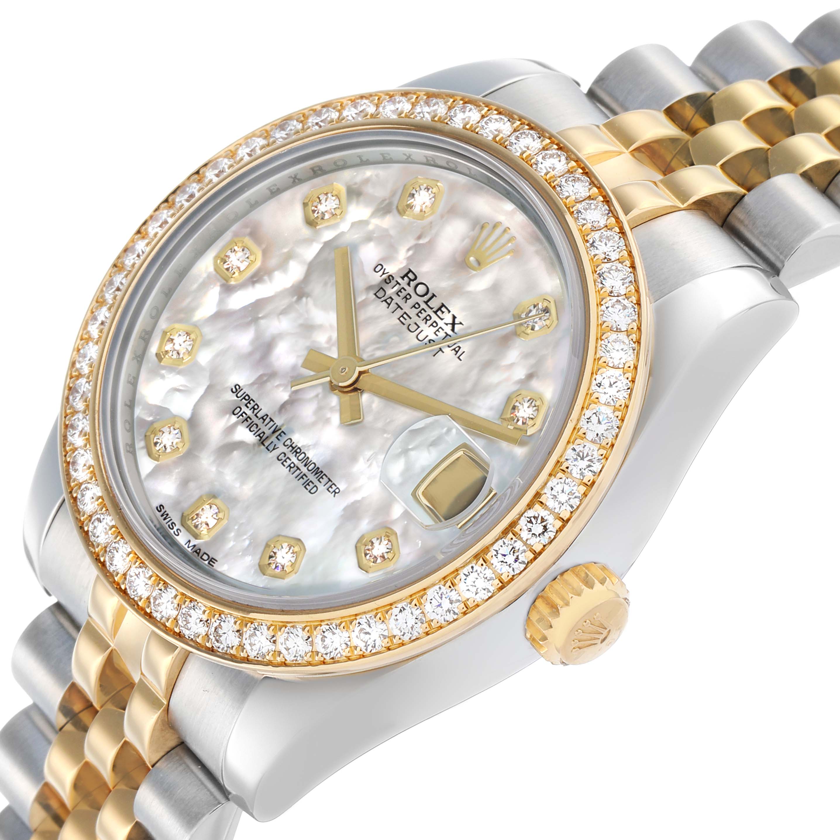 The Rolex Mid-Size 178383 Women's Steel and Gold (two tone) Mother of Pearl Dial watch is shown from an angled view, highlighting the mother-of-pearl dial, diamond bezel, and two-tone bracelet.