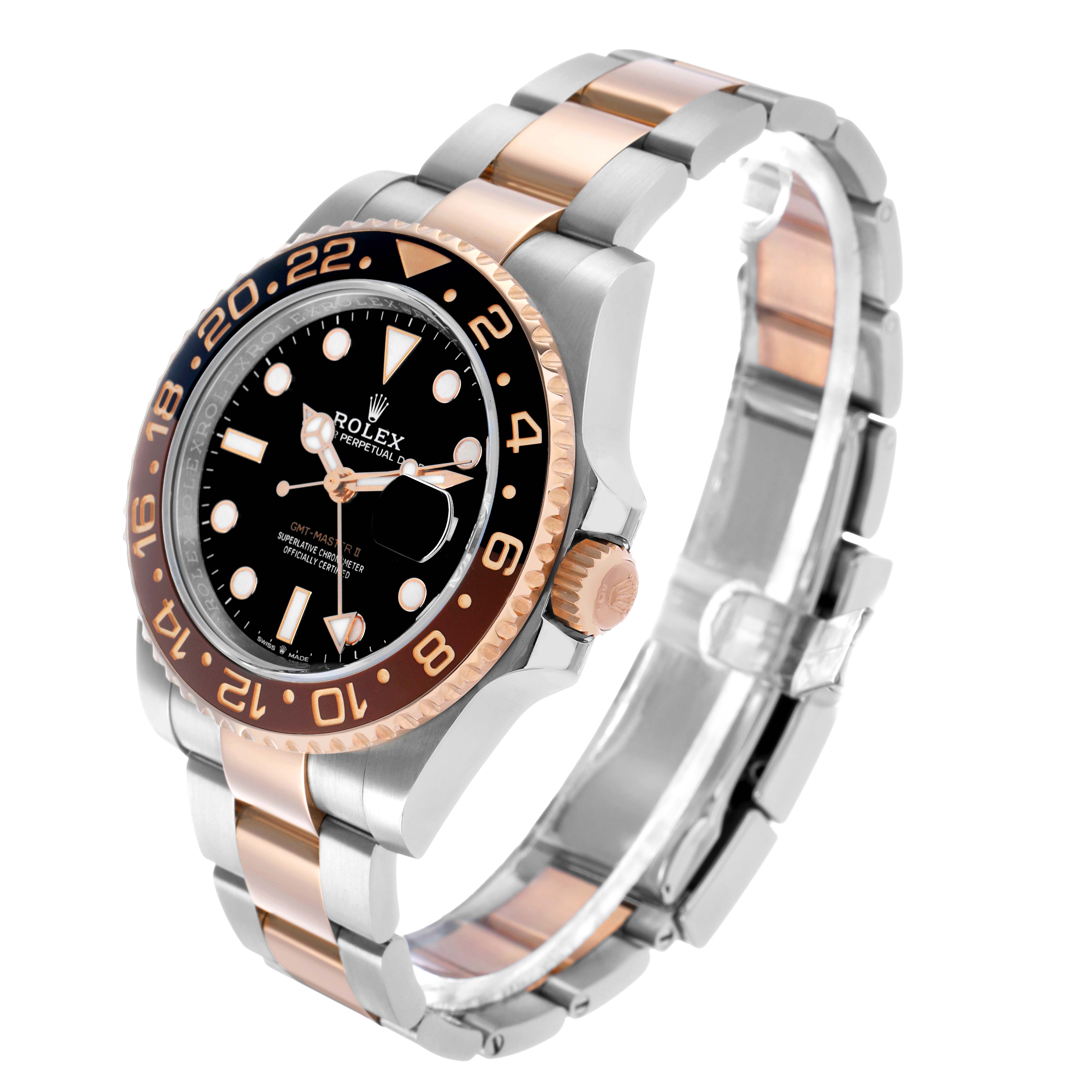 The Rolex GMT-Master 126711 Men's Steel and Gold (two tone) Black Dial watch is shown at an angle displaying the face, bezel, crown, and bracelet with rose gold and stainless steel.