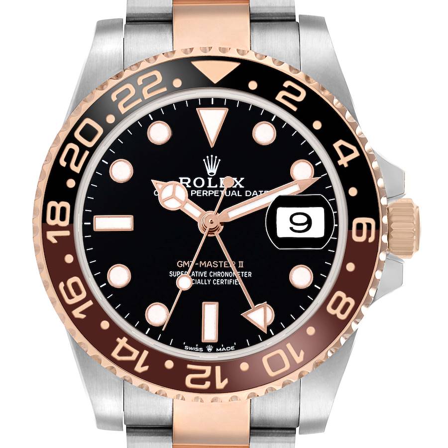 The Rolex GMT-Master 126711 Men's Steel and Gold (two tone) Black Dial model is shown from a front angle, highlighting the face, bezel, crown, and bracelet.