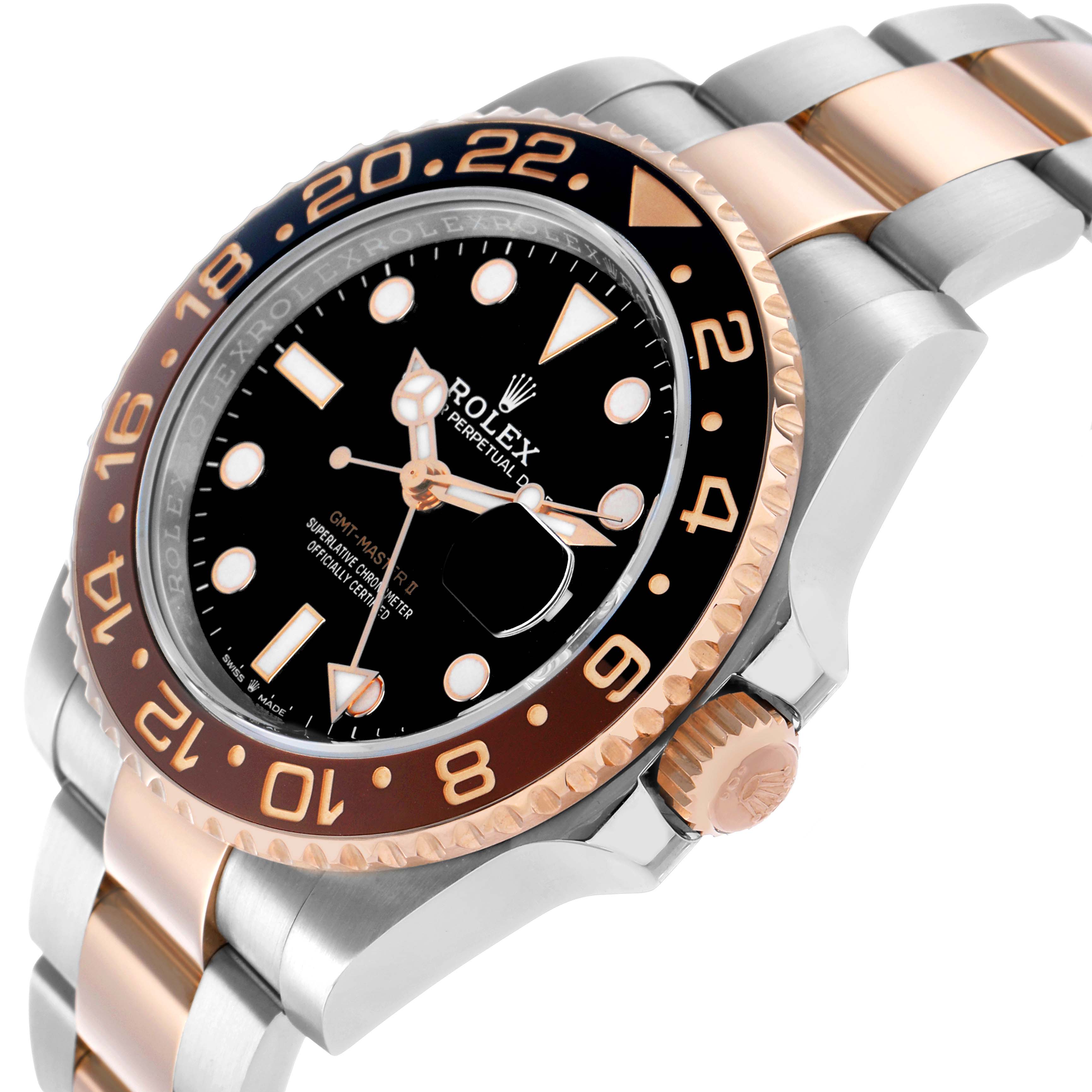 The Rolex GMT-Master 126711 Men's Steel and Gold (two tone) Black Dial watch is shown at an angle displaying the bezel, crown, case, and part of the bracelet.
