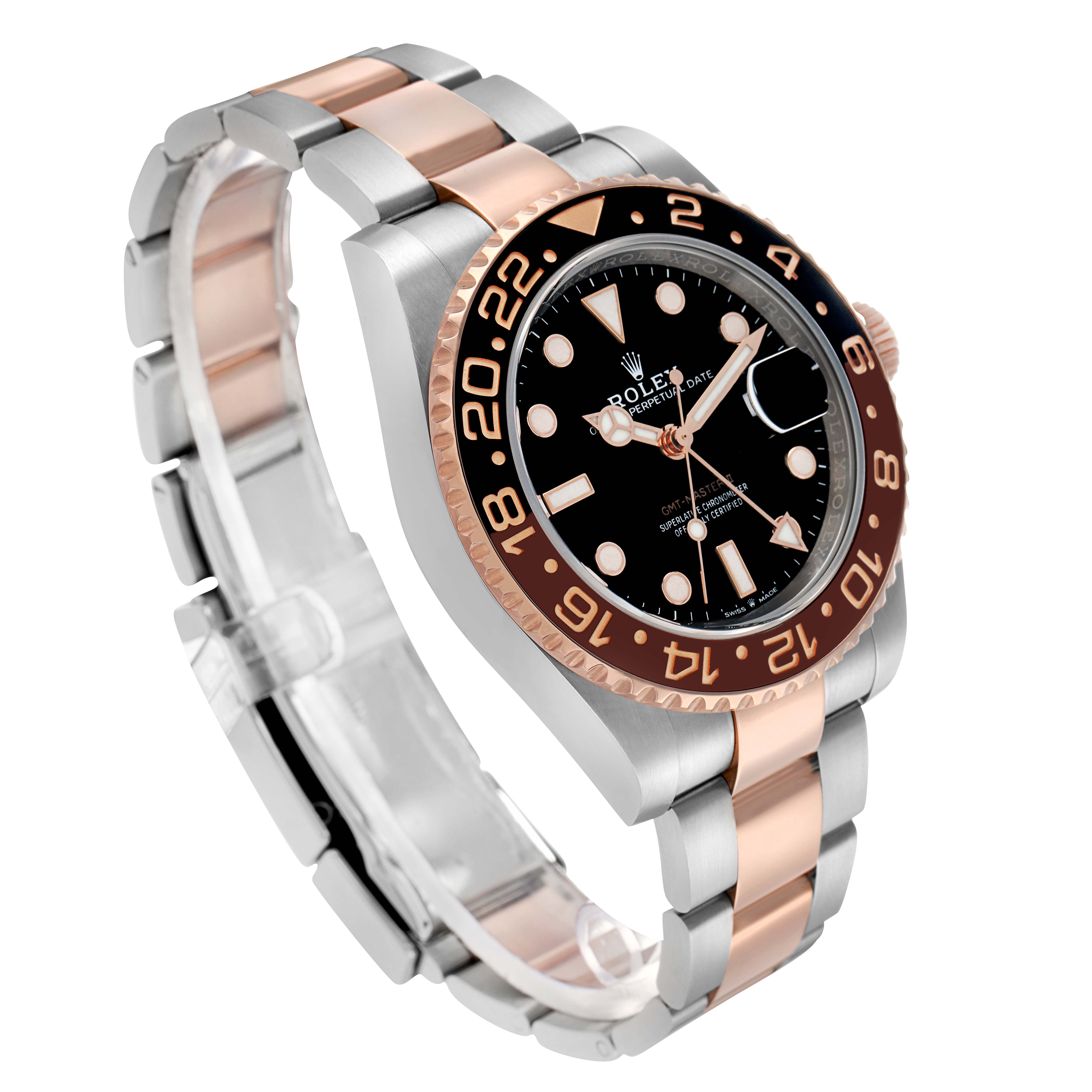 The Rolex GMT-Master 126711 Men's Steel and Gold (two tone) Black Dial watch is shown at a three-quarter angle, highlighting the bezel, dial, and two-tone bracelet.