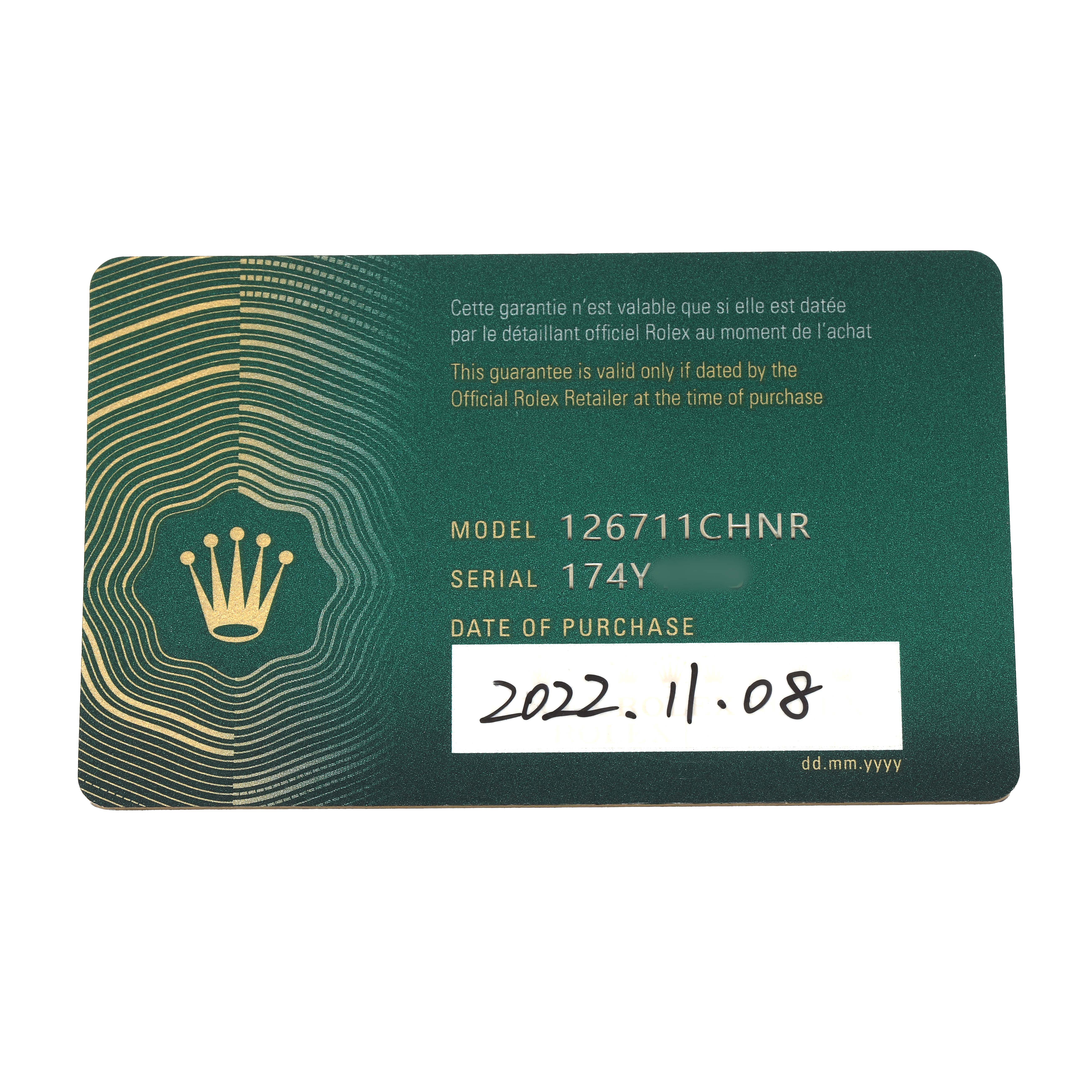 The image shows the warranty card for the Rolex GMT-Master 126711 Men's Steel and Gold (two tone) Black Dial, model 126711CHNR.