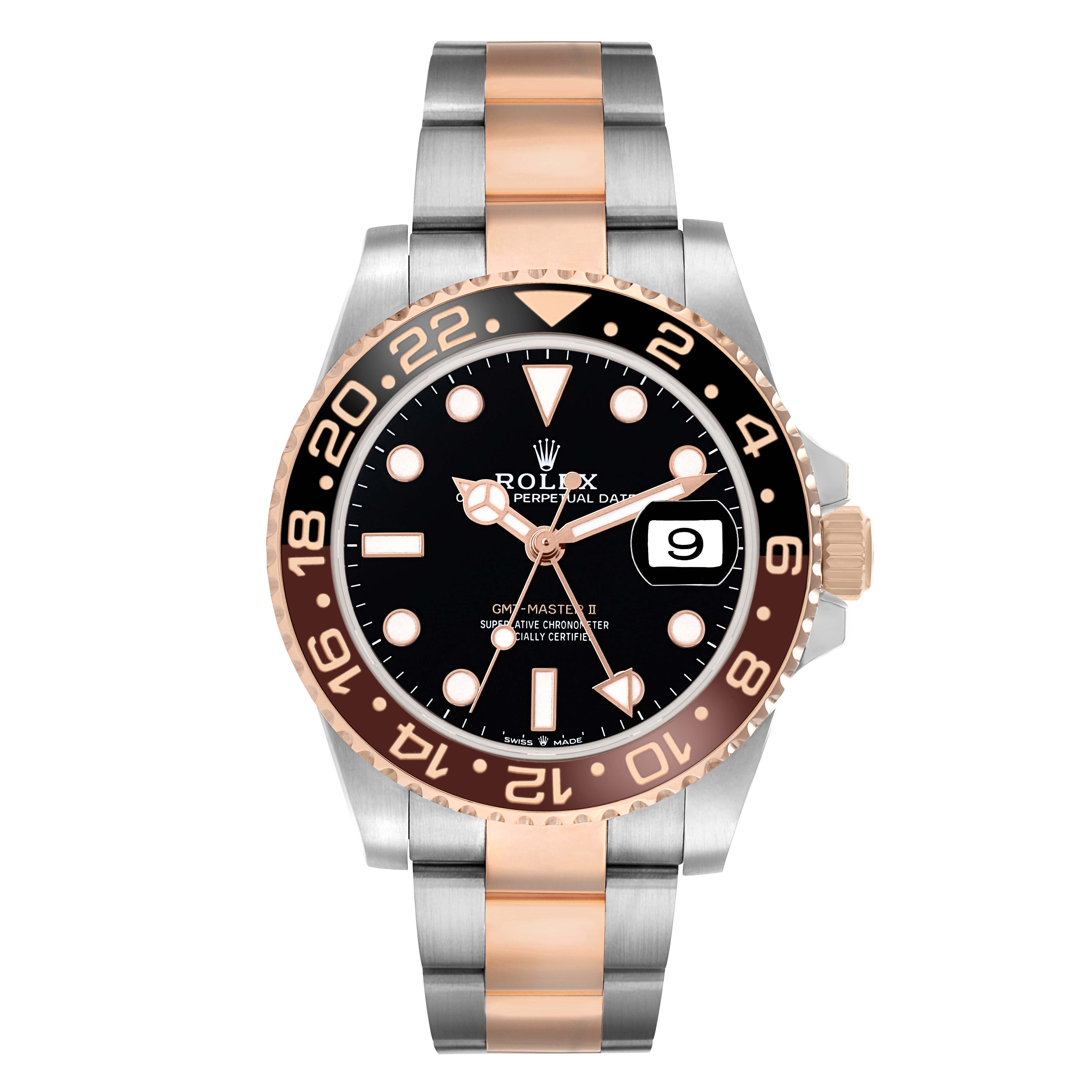 The Rolex GMT-Master 126711 Men's Steel and Gold (two tone) Black Dial is shown from a frontal angle, highlighting the bezel, dial, and two-tone bracelet.