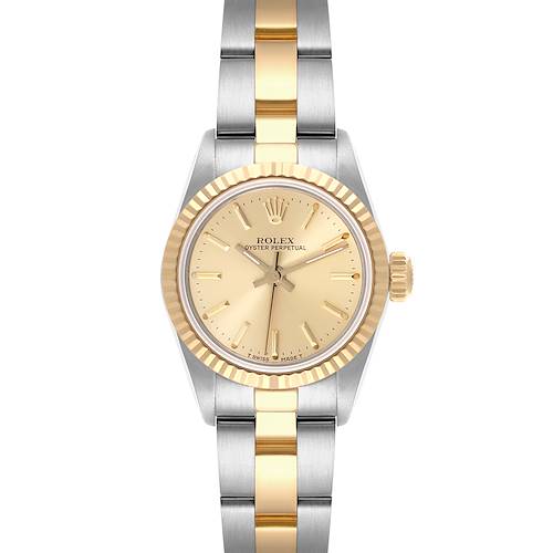 The Rolex Oyster Perpetual 67193 Women's Steel and Gold (two tone) Champagne Dial 67193 Women's Steel and Gold (two tone) Champagne Dial watch is shown from a top-down angle, displaying its gold and silver bezel and bracelet.