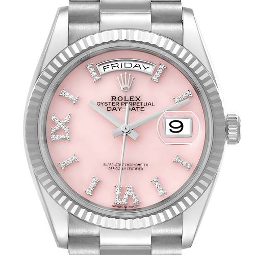 The Rolex President 128239 Men's White Gold Pink Dial 128239 Men's White Gold Pink Dial model is shown from a front angle, highlighting the pink dial, day-date display, and the silver bezel and bracelet.