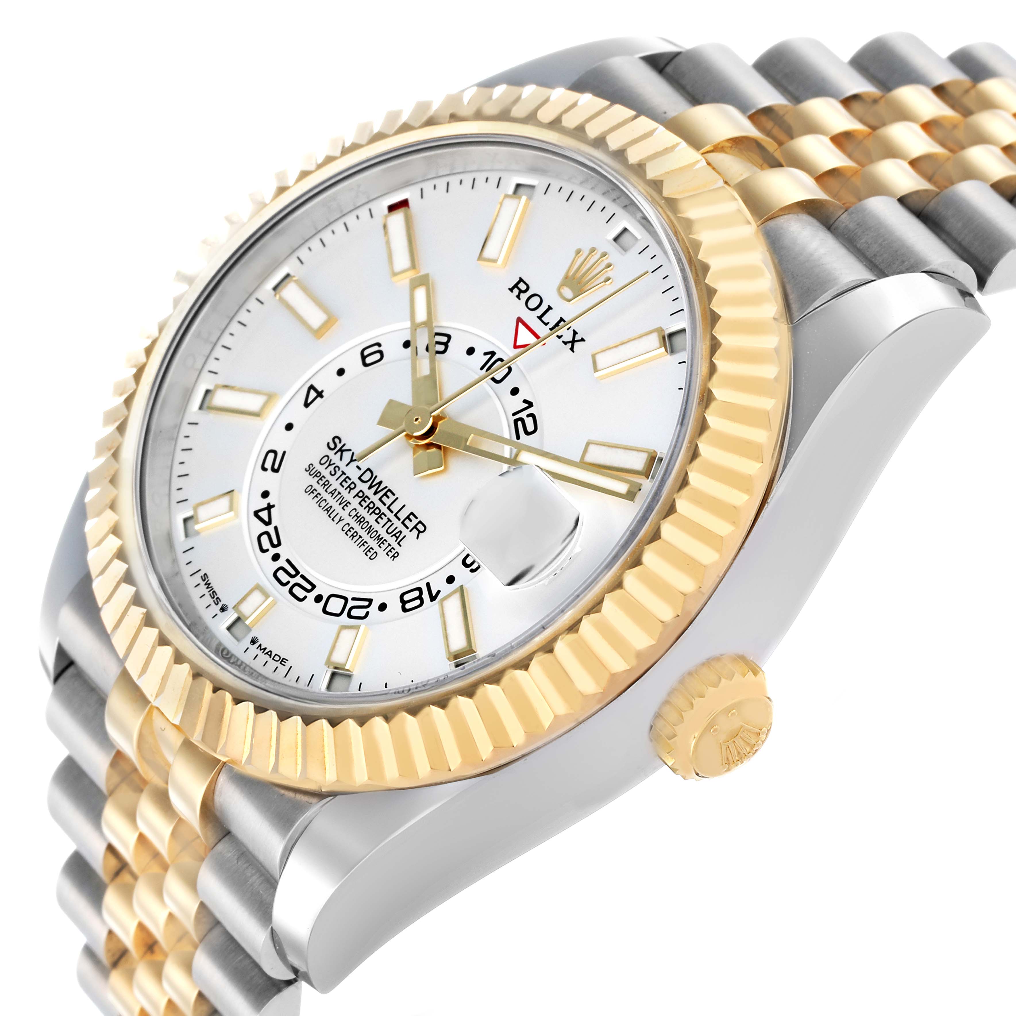 The Rolex Sky-Dweller 336933 Men's Steel and Gold (two tone) Silver Dial watch is shown at an angled view highlighting the bezel, dial, crown, and bracelet.