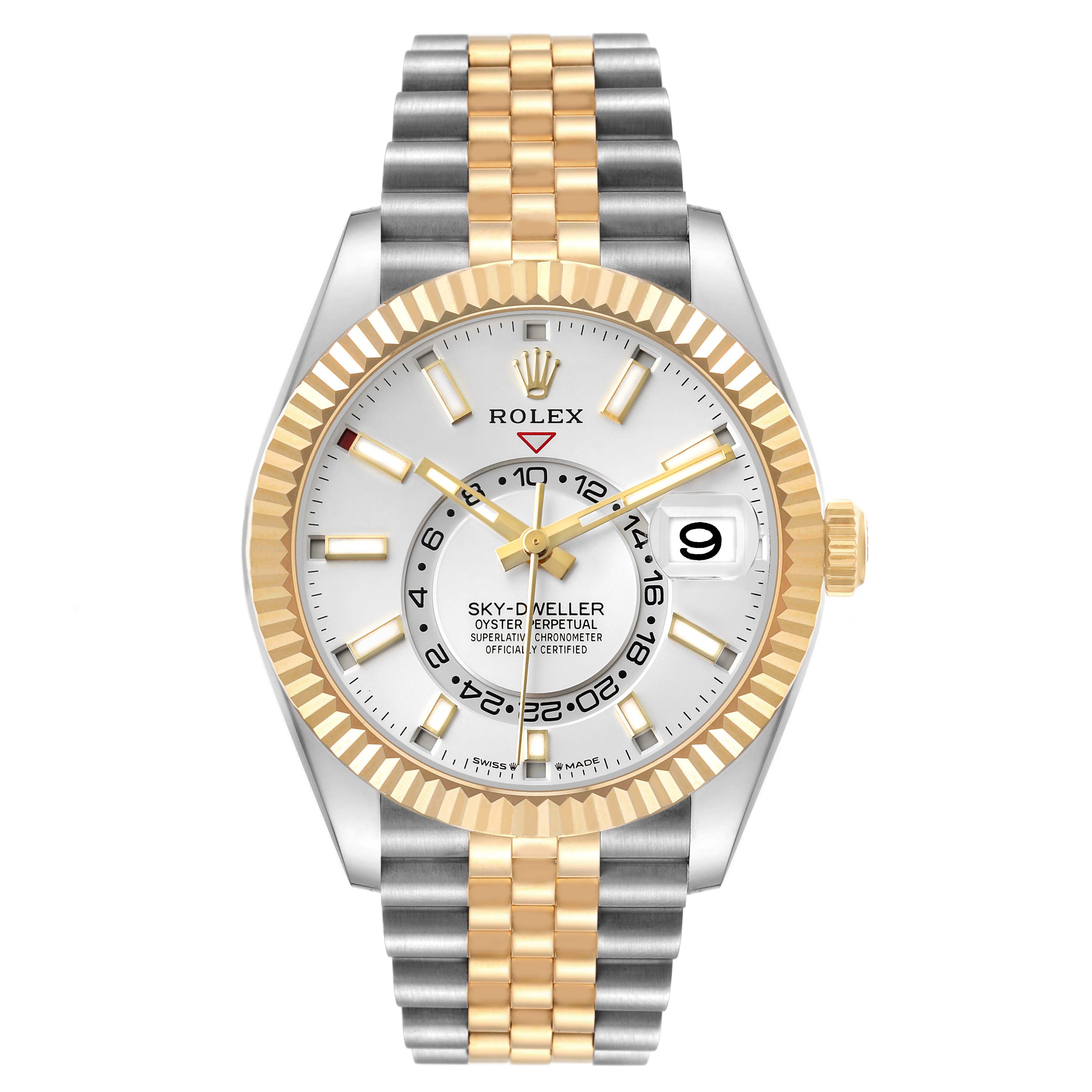 The Rolex Sky-Dweller 336933 Men's Steel and Gold (two tone) Silver Dial watch is shown from the front, displaying the dial, bezel, bracelet, and crown.