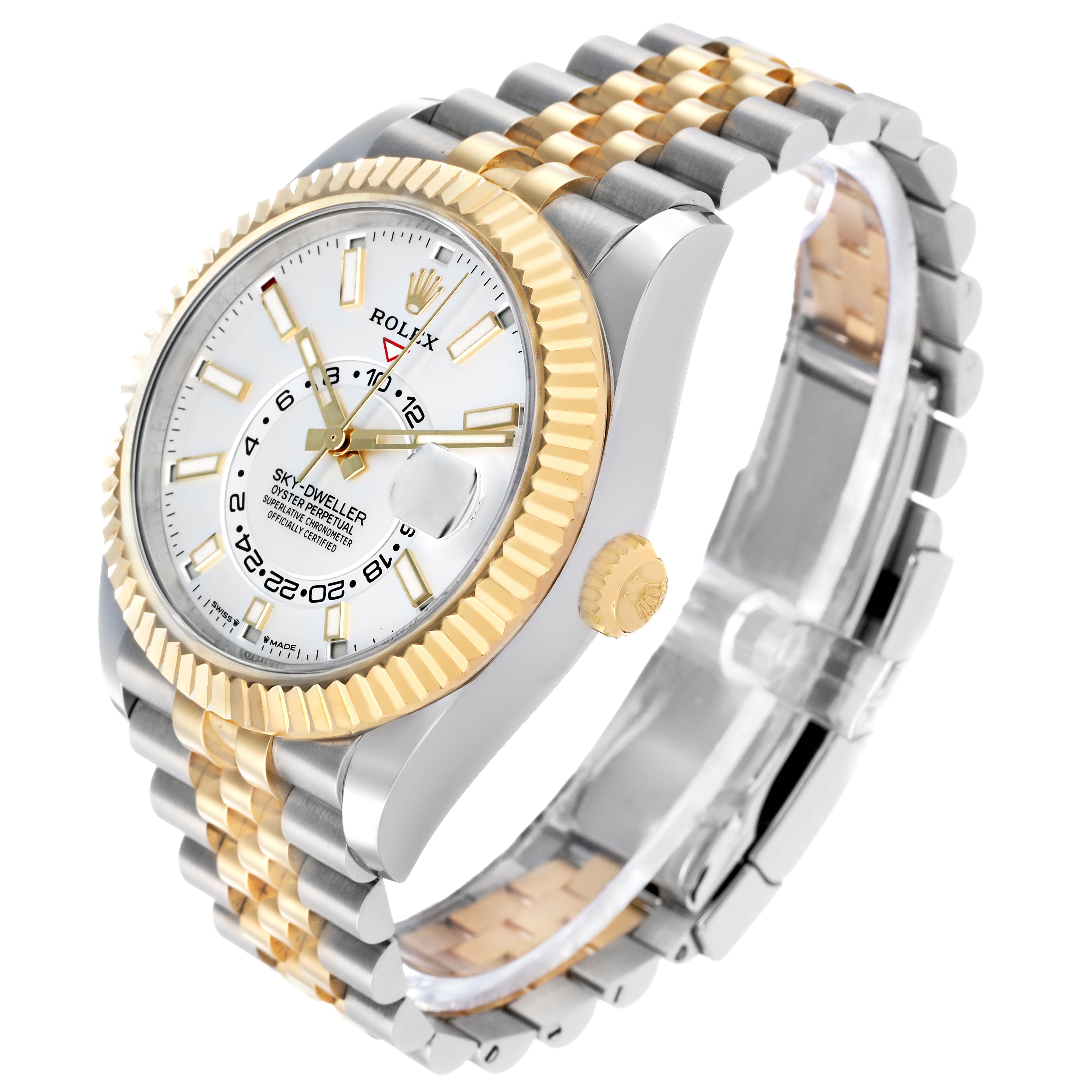 The Rolex Sky-Dweller 336933 Men's Steel and Gold (two tone) Silver Dial is shown at an angled side view, displaying the bezel, dial, crown, and two-tone bracelet.