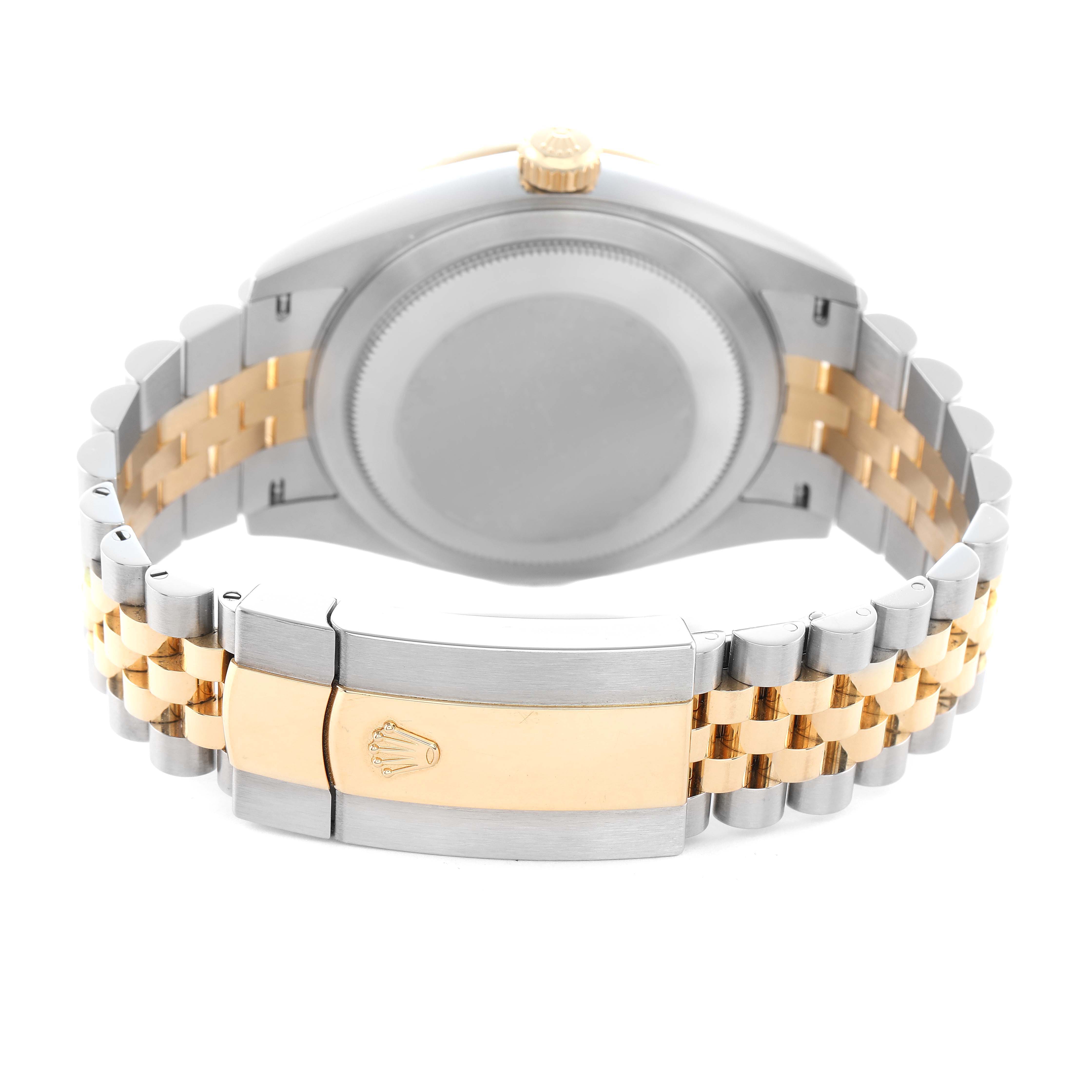 The image shows the backside and clasp of the Rolex Sky-Dweller 336933 Men's Steel and Gold (two tone) Silver Dial, featuring a two-tone metal bracelet.