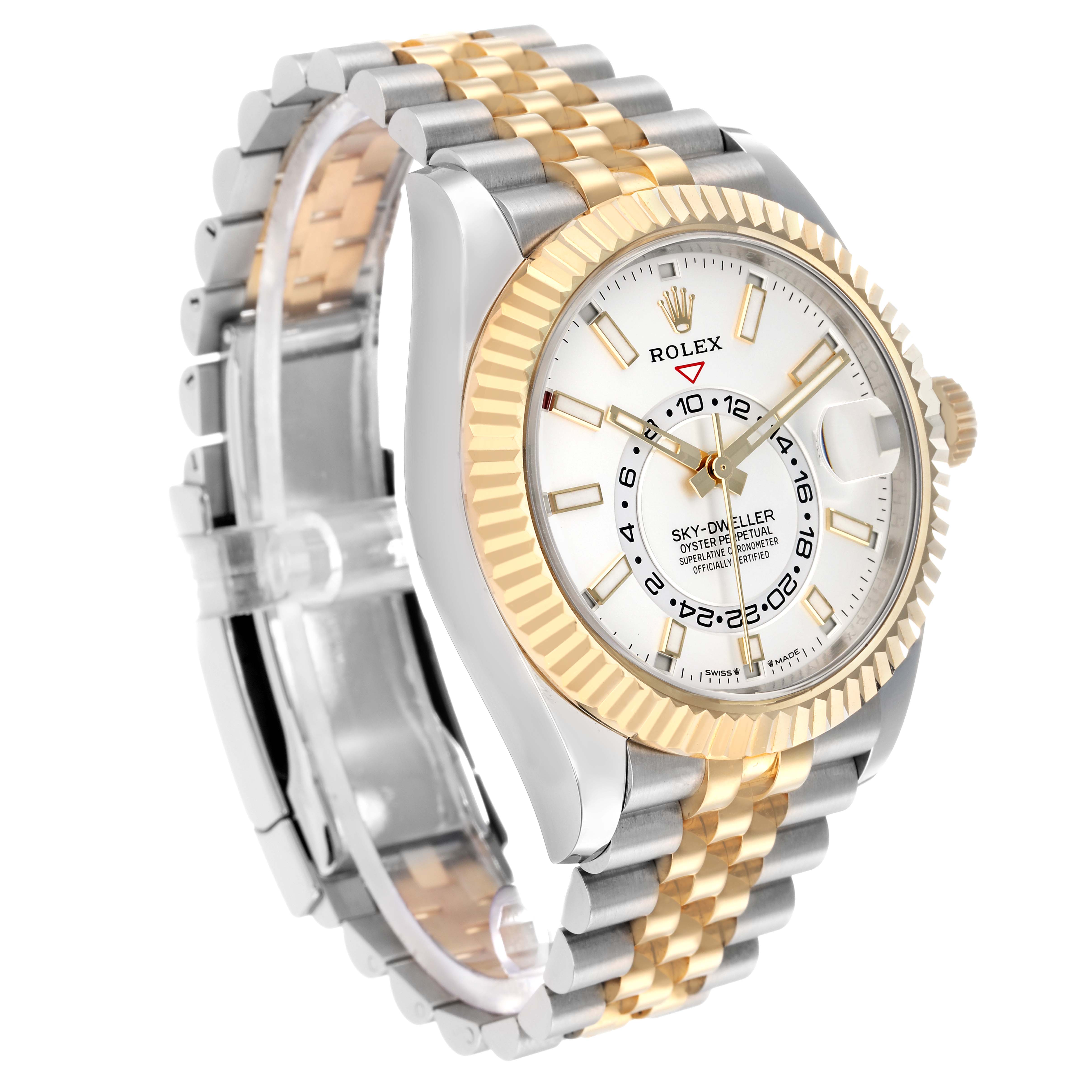 The Rolex Sky-Dweller 336933 Men's Steel and Gold (two tone) Silver Dial is shown at a slight side angle, highlighting the bezel, dial, and two-tone bracelet.