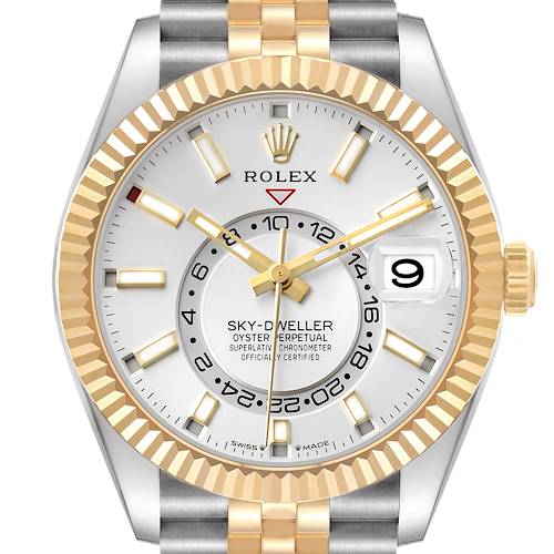 The Rolex Sky-Dweller 336933 Men's Steel and Gold (two tone) Silver Dial is shown from the front, highlighting the dial, bezel, crown, and part of the bracelet.