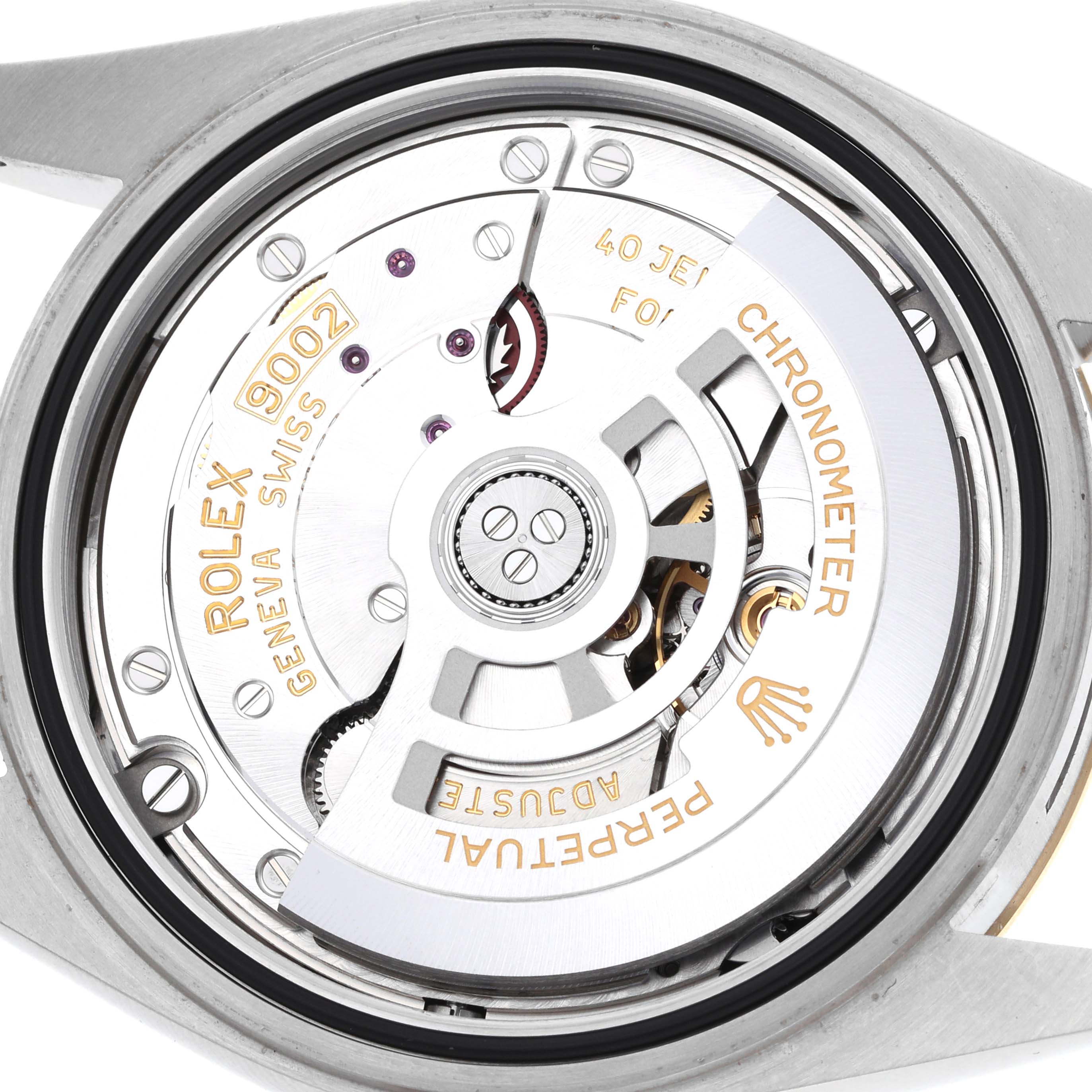 The image shows the back view of a Rolex Sky-Dweller 336933 Men's Steel and Gold (two tone) Silver Dial, displaying its movement and rotor.