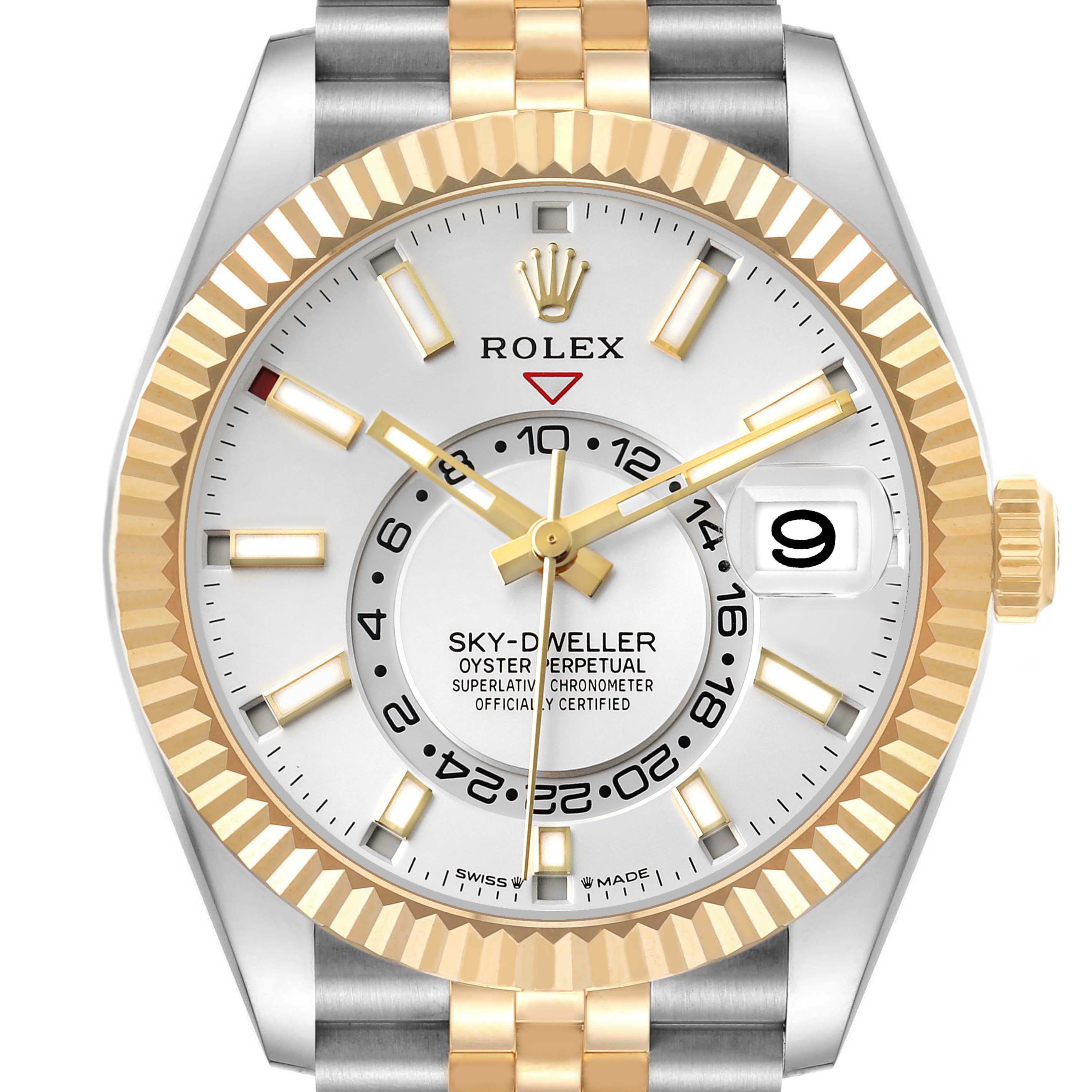 The Rolex Sky-Dweller 336933 Men's Steel and Gold (two tone) Silver Dial is shown from a front angle, highlighting the face, bezel, hands, date, and bracelet.