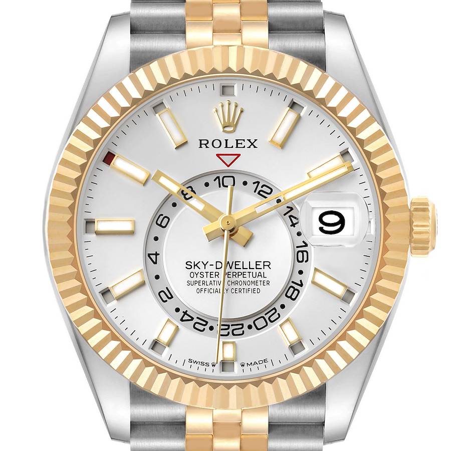 The Rolex Sky-Dweller 336933 Men's Steel and Gold (two tone) Silver Dial is shown from a front angle, highlighting the face, bezel, hands, date, and bracelet.
