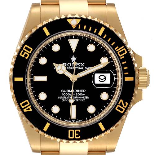 The image shows a front view of a Rolex Submariner 126618 Men's Yellow Gold Black Dial 126618 Men's Yellow Gold Black Dial watch, highlighting the dial, bezel, and date window.