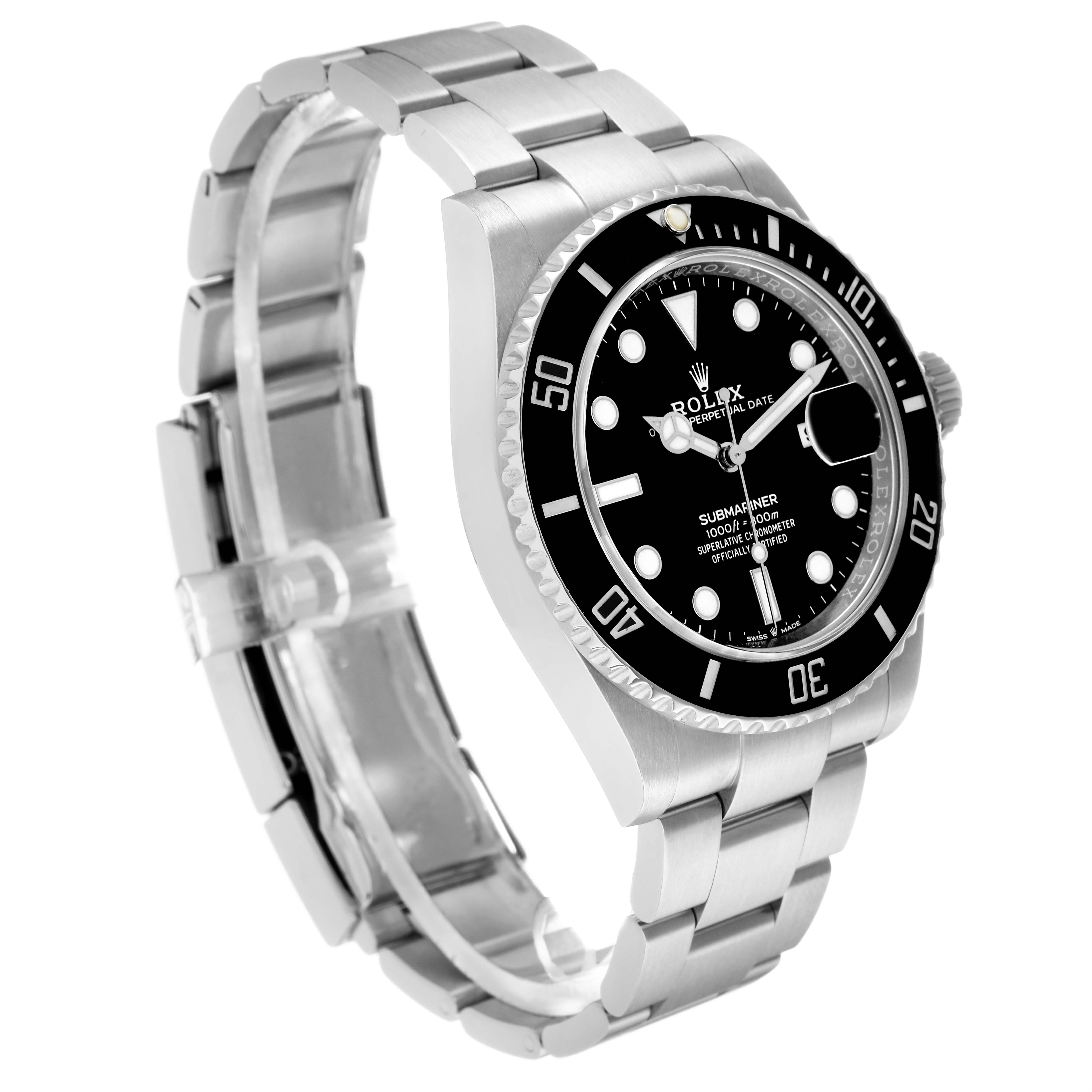 The Rolex Submariner 126610 Men's Stainless Steel Black Dial watch is shown at an angle displaying the dial, bezel, and part of the bracelet.