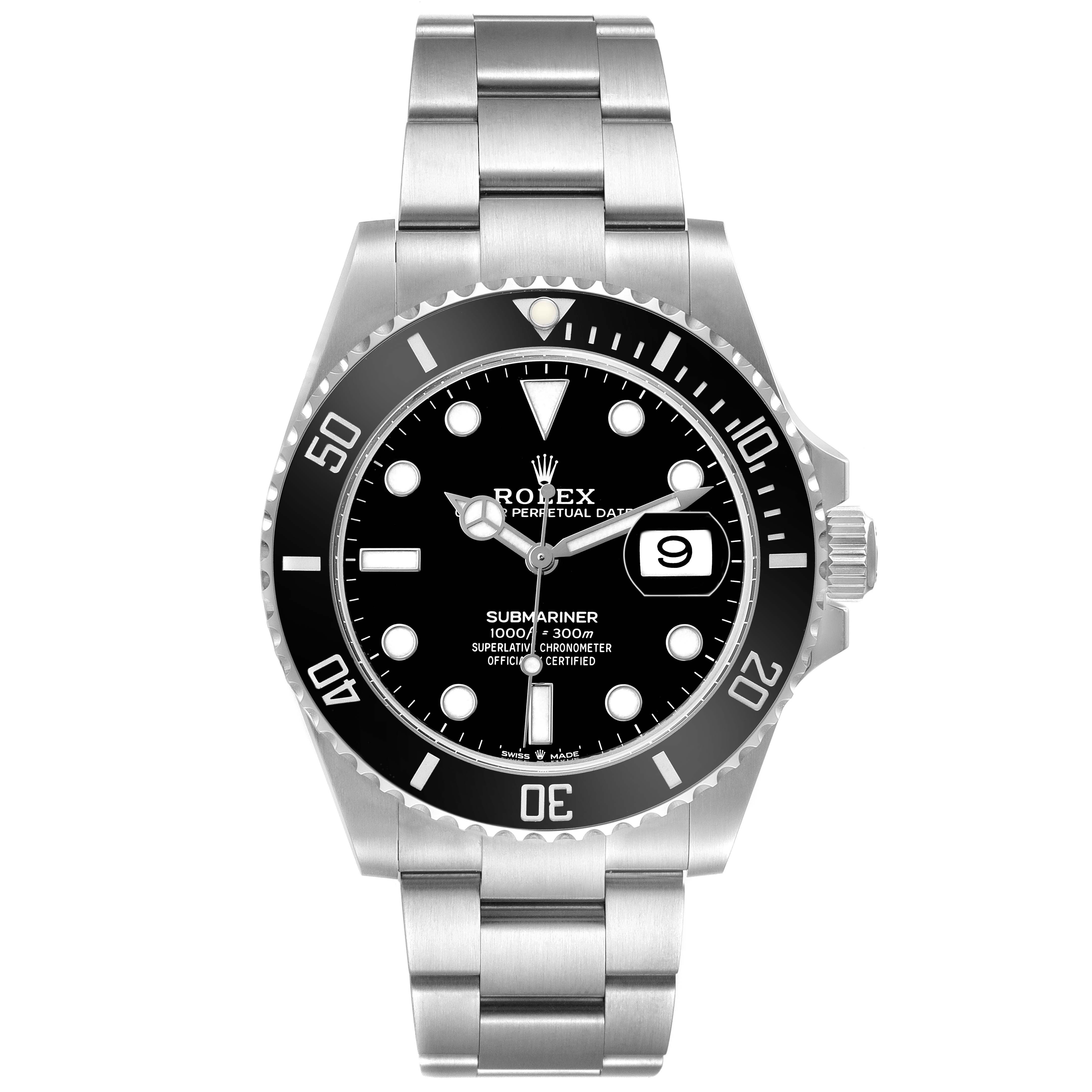 The Rolex Submariner 126610 Men's Stainless Steel Black Dial watch is shown from a frontal angle, highlighting the black dial, bezel, and stainless steel bracelet.