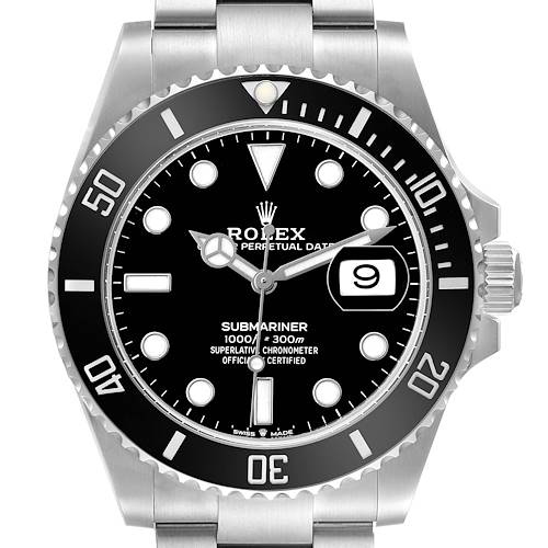 The Rolex Submariner 126610 Men's Stainless Steel Black Dial watch is shown from a top-down angle, displaying its face, bezel, crown, and bracelet.