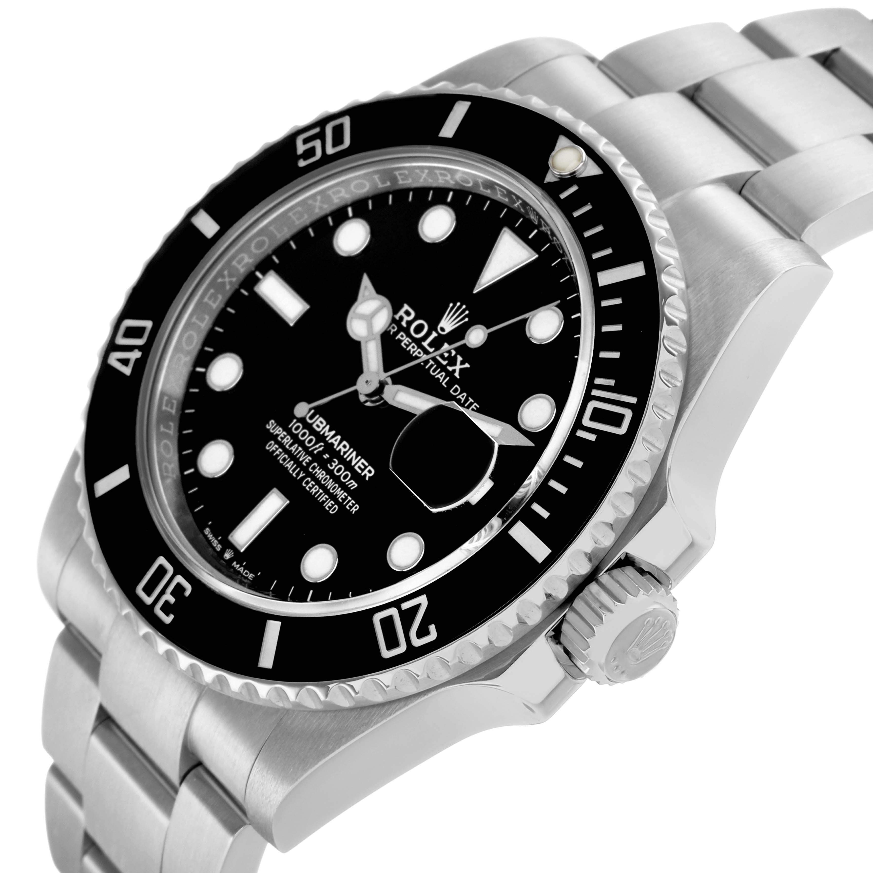 The Rolex Submariner 126610 Men's Stainless Steel Black Dial watch is shown from a side angle, highlighting the bezel, dial, crown, and bracelet.