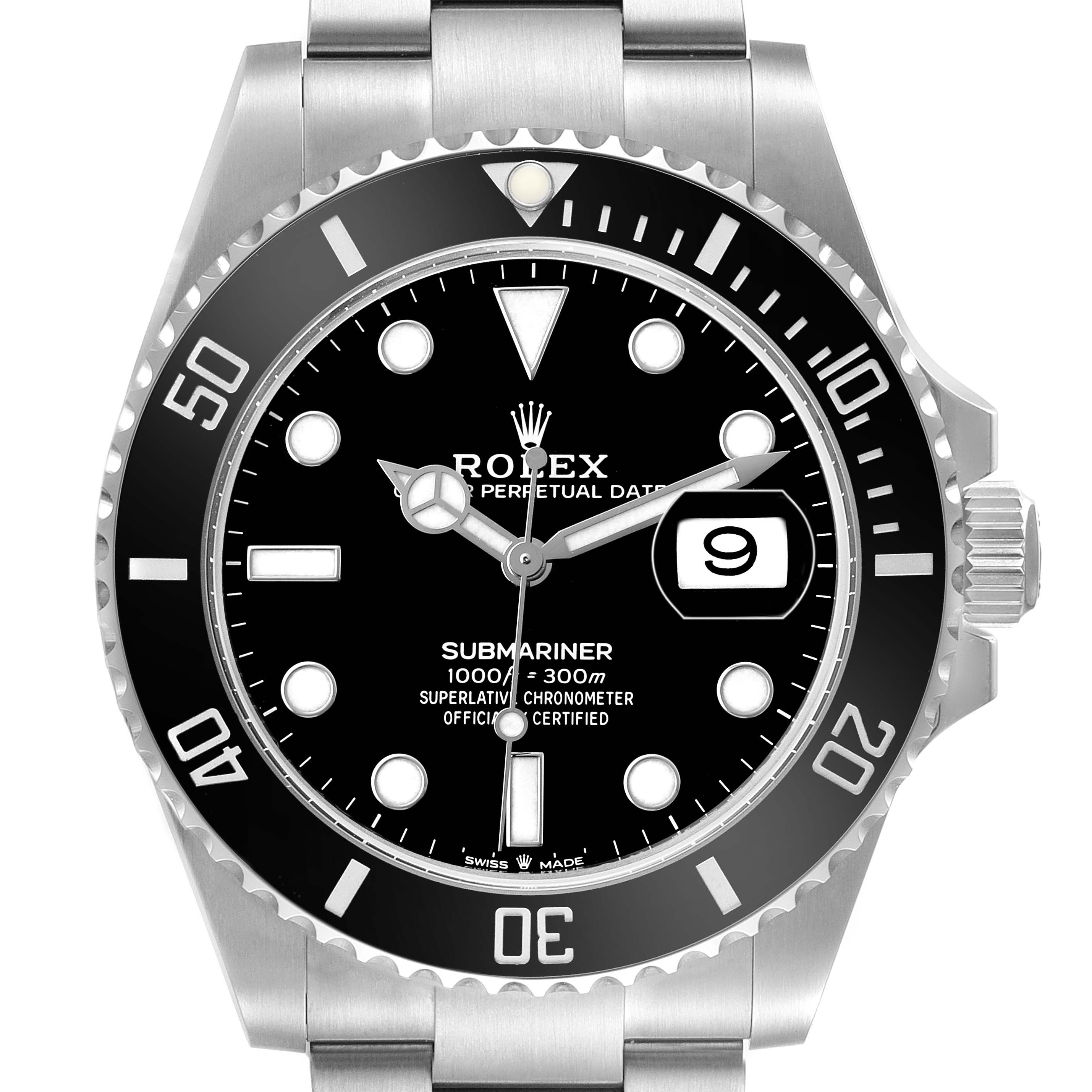 The image shows a front view of the Rolex Submariner 126610 Men's Stainless Steel Black Dial, highlighting the dial, bezel, and bracelet.