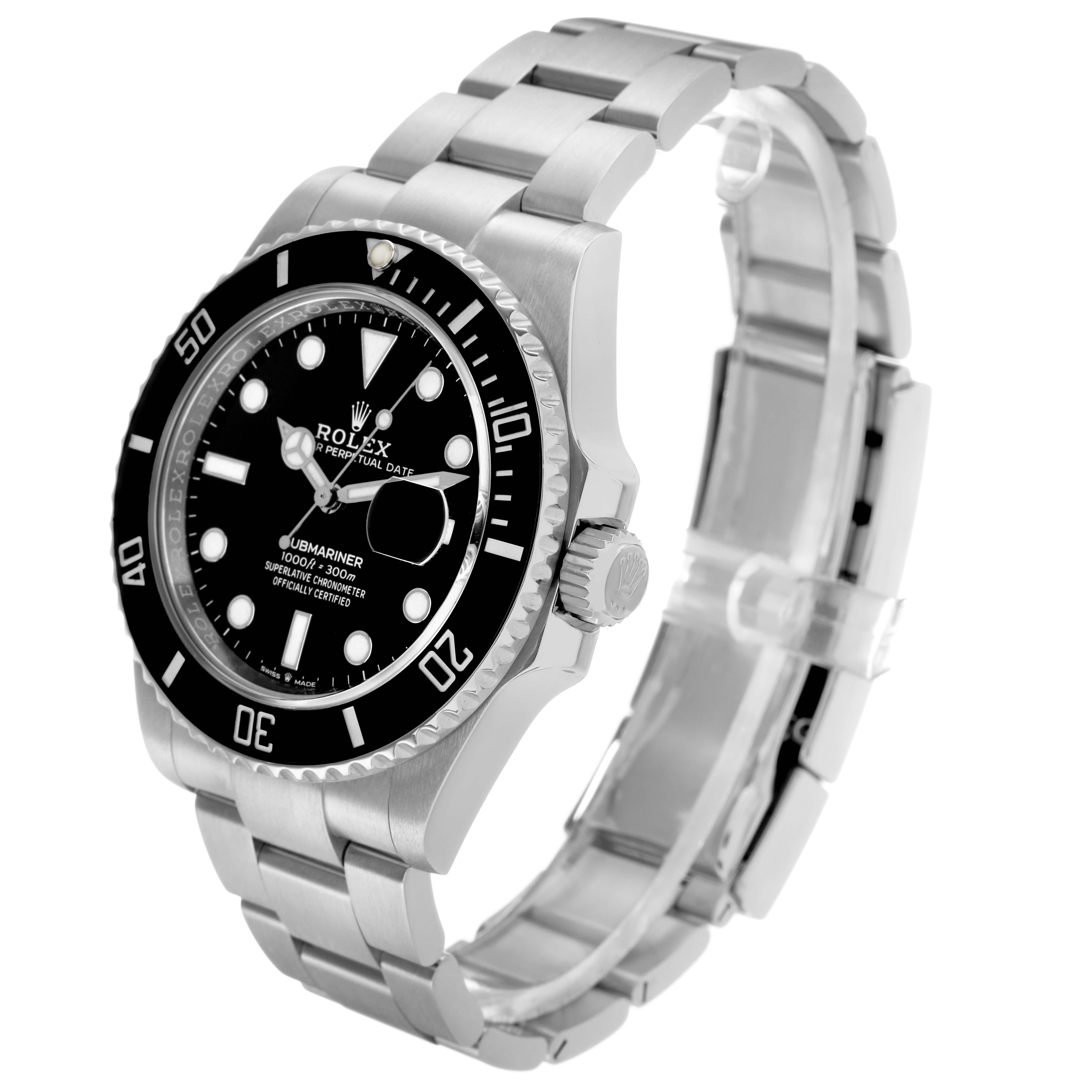 The Rolex Submariner 126610 Men's Stainless Steel Black Dial watch is shown at a three-quarter angle, highlighting the face, bezel, crown, and bracelet.