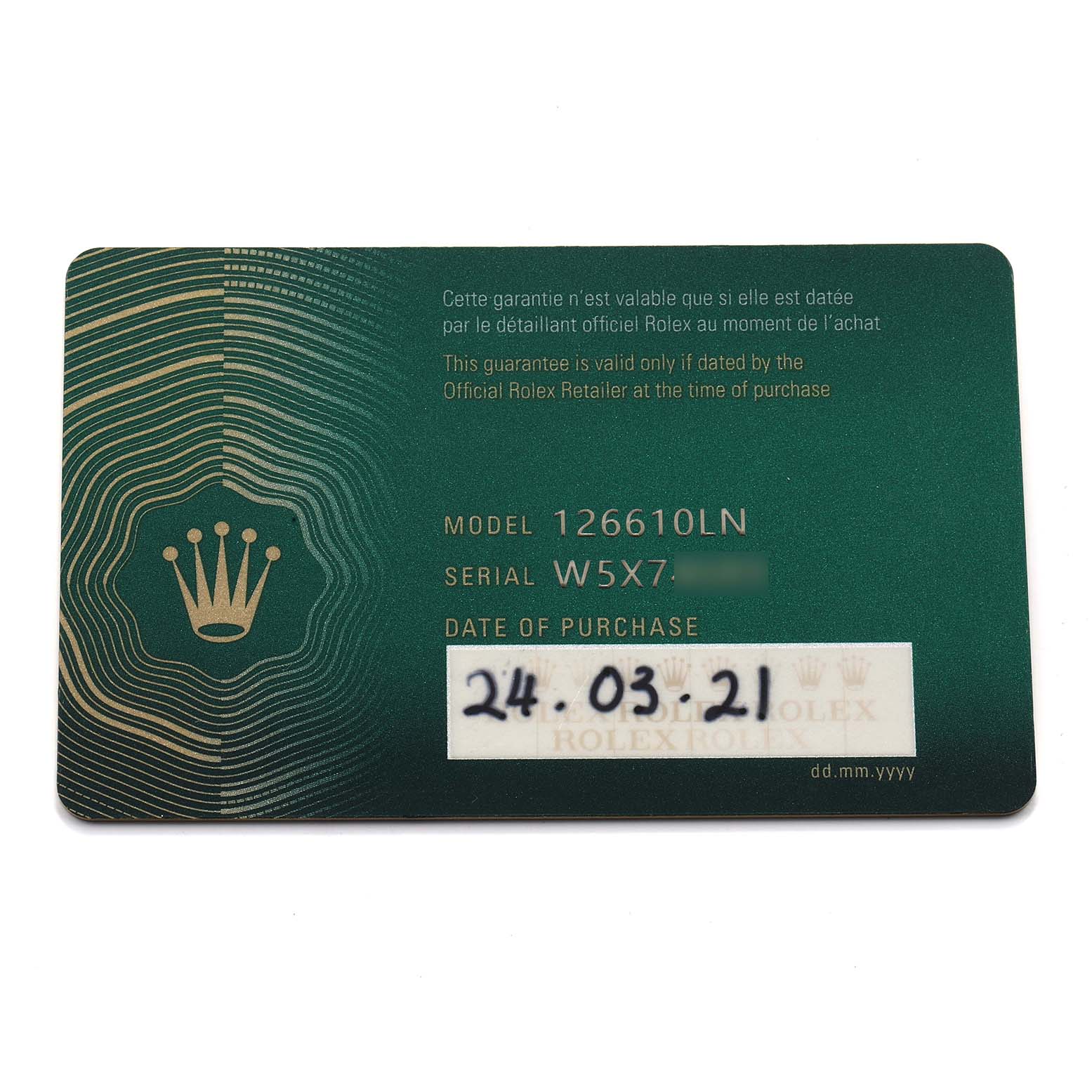 The image shows a green warranty card for a Rolex Submariner 126610 Men's Stainless Steel Black Dial, model 126610LN.