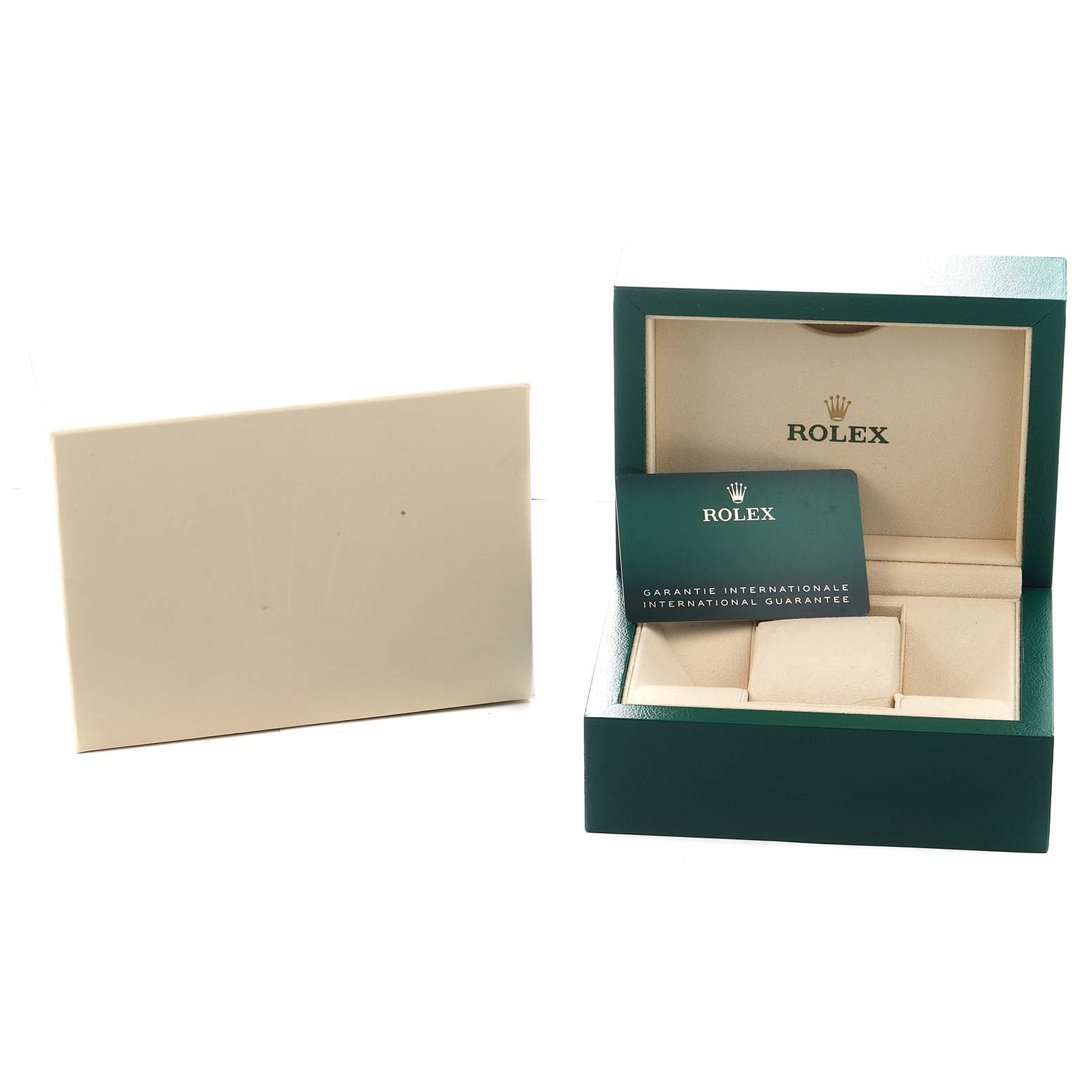 The image shows the open box and guarantee card for a Rolex Submariner 126610 Men's Stainless Steel Black Dial watch.