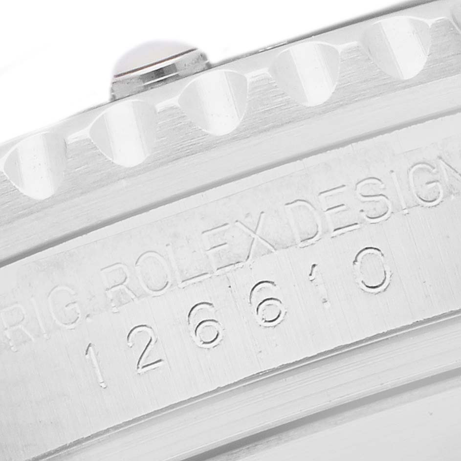 The image shows a close-up side view of the Rolex Submariner 126610 Men's Stainless Steel Black Dial's engraved case and bezel teeth.