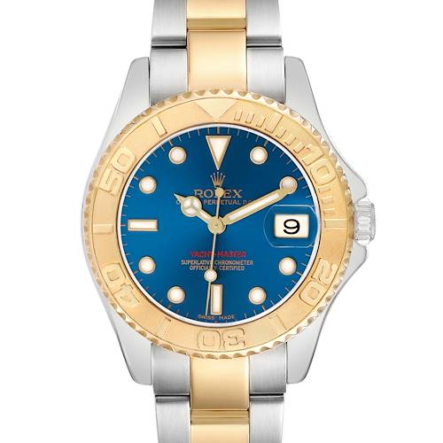 The Rolex Yacht-Master 168623 Men's Steel and Gold (two tone) Blue Dial watch is shown from the front, displaying its bezel, dial, and a two-tone bracelet.