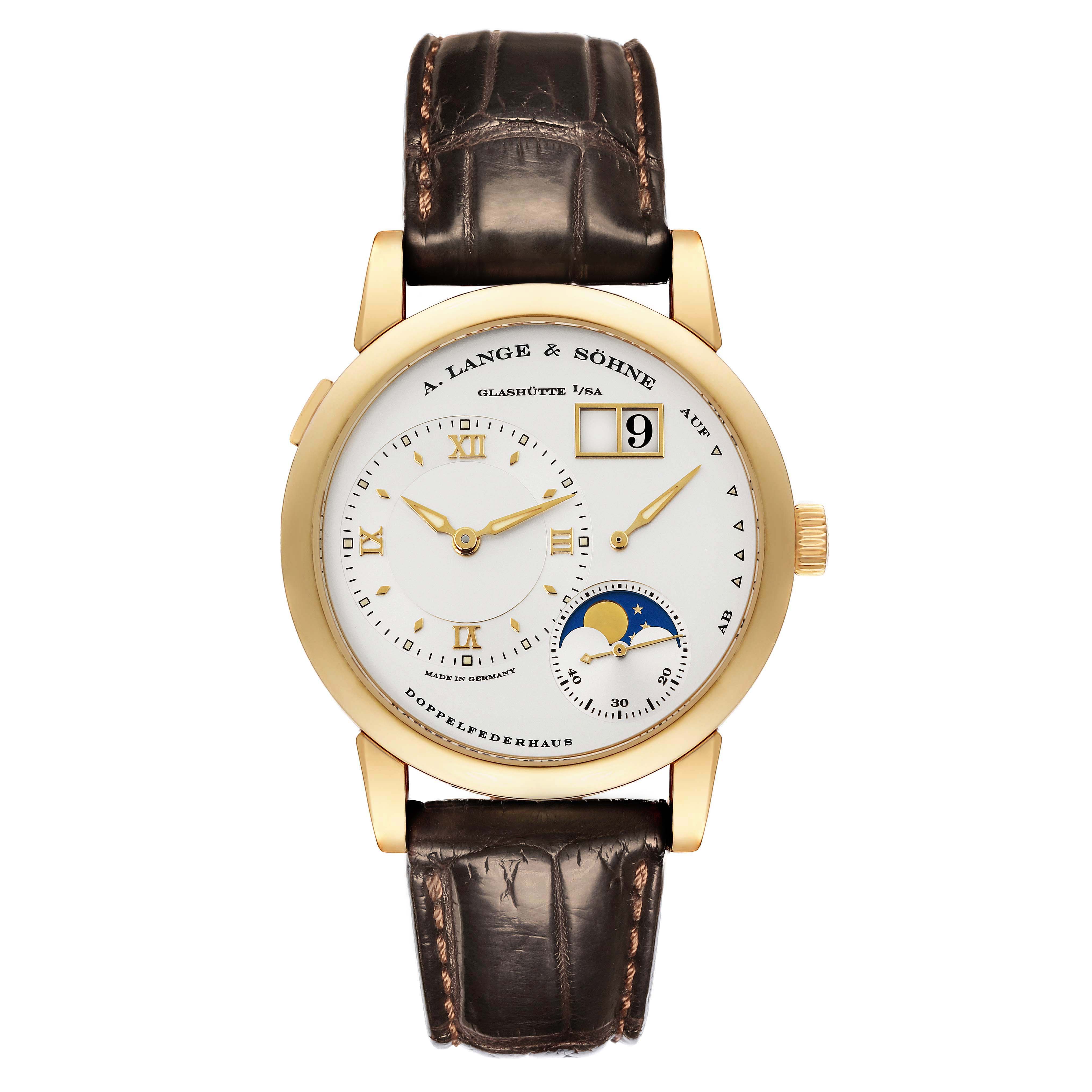 The Lange 1 by A. Lange & Söhne is shown from the front, displaying its dial with time, date, and moon phase features.