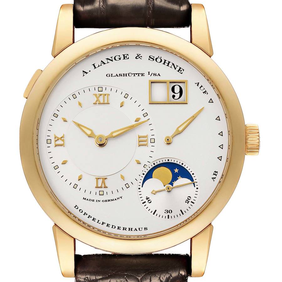 The A. Lange & Sohne Lange 1 109.021 Men's Yellow Gold Silver Dial watch is shown from the front, displaying its dial, moon phase, and date features.