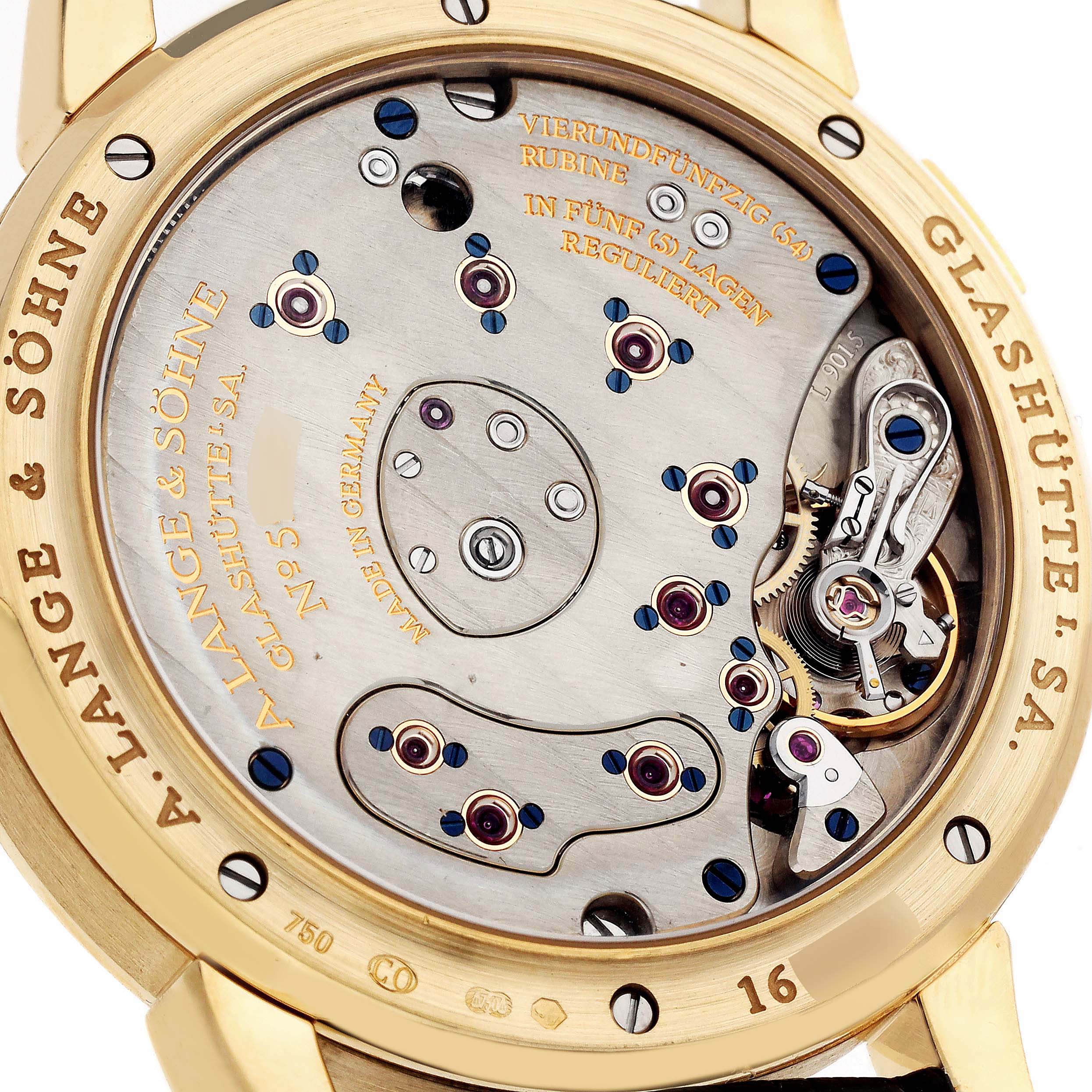The image shows the back view of the A. Lange & Sohne Lange 1 109.021 Men's Yellow Gold Silver Dial watch, highlighting its intricate movement and engravings.