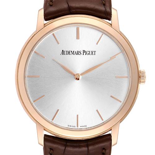 The image shows a front view of the Audemars Piguet Jules 15180OR.OO.A088CR.01 Men's Rose Gold Silver Dial 15180OR.OO.A088CR.01 Men's Rose Gold Silver Dial model watch, highlighting its dial, case, and leather strap.