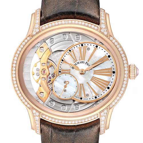 This image shows a frontal view of the Audemars Piguet Millenary 77247OR.ZZ.1272OR.01 Women's Rose Gold Mother of Pearl Dial 77247OR.ZZ.1272OR.01 Women's Rose Gold Mother of Pearl Dial watch, highlighting its intricate dial and exposed movement.